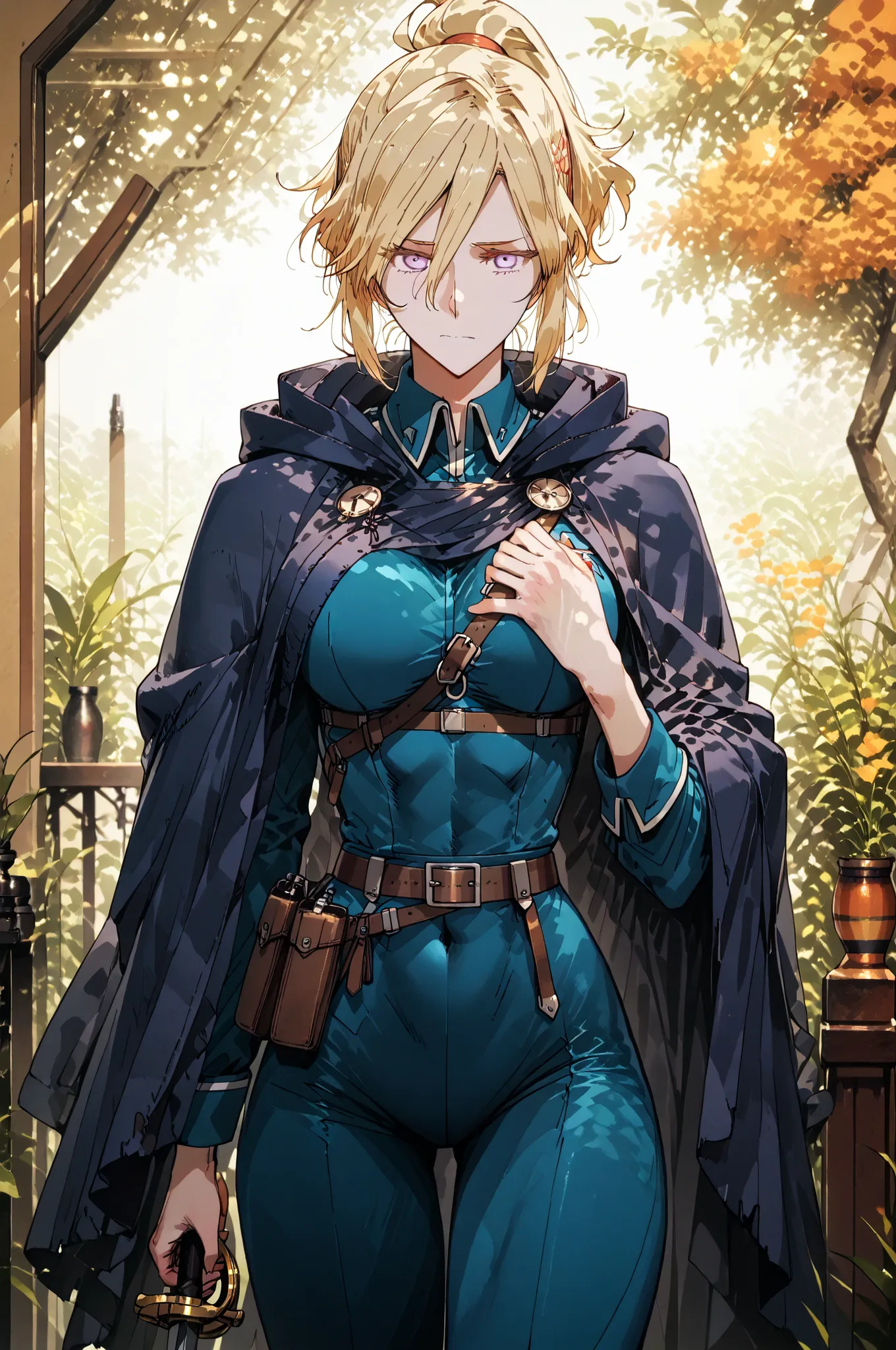 Shokolade, jormugand Shokolade, athletic toned body, ginger hair, wears a blue sensual uniform a cloak that drapes over giving off a fantasy vibe. Straps and belts wrap around the chest and waist, securing a pouch at their side. The chest area of the garme...
