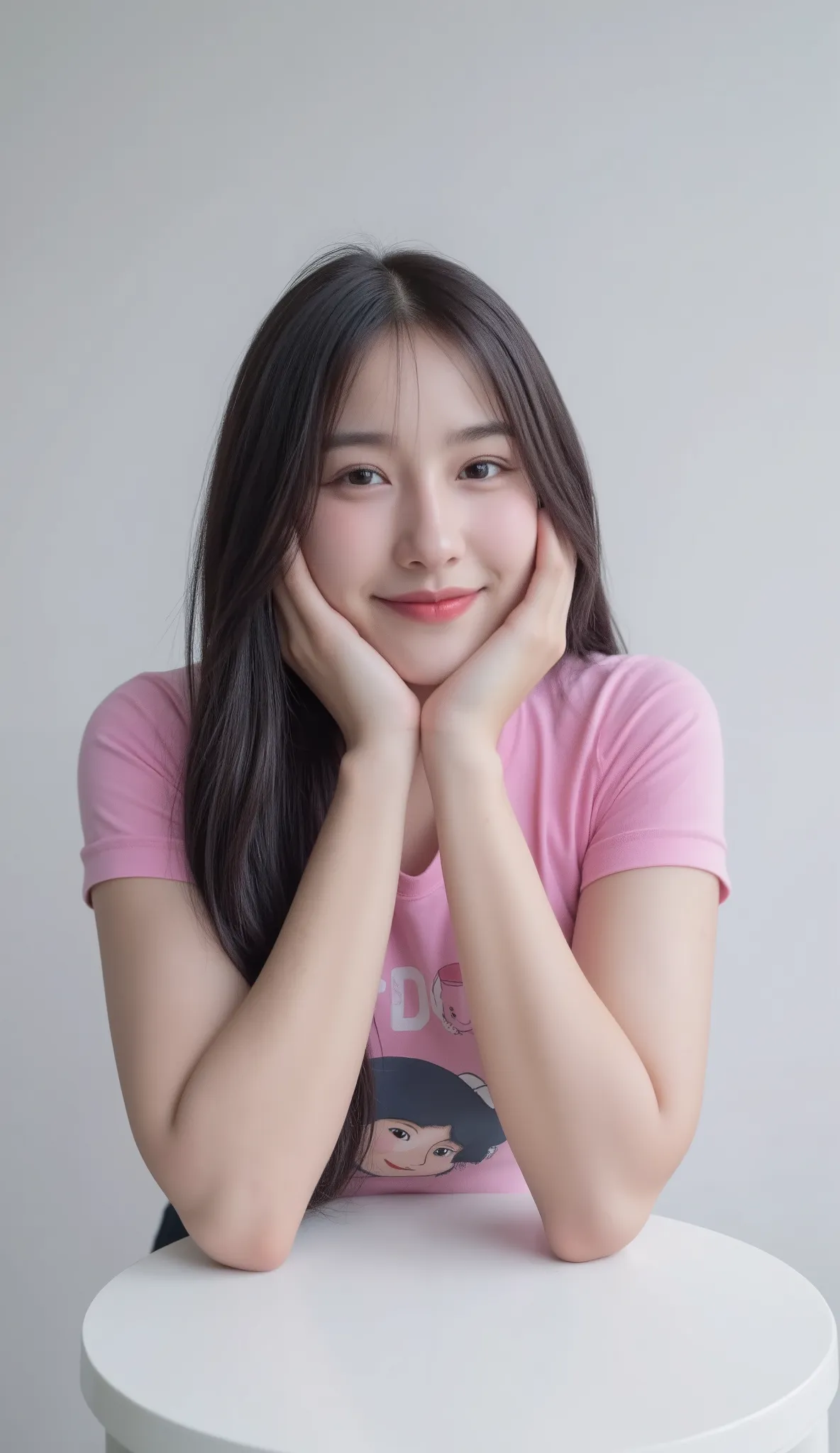 Realistic portrait of a realistic teenage woman, beautiful face, long black hair, big breasts, attractive figure, looking and smiling at the camera. 8K high definition, sharp focus, very high detail, realistic as a photo, natural light, smooth skin, soft s...