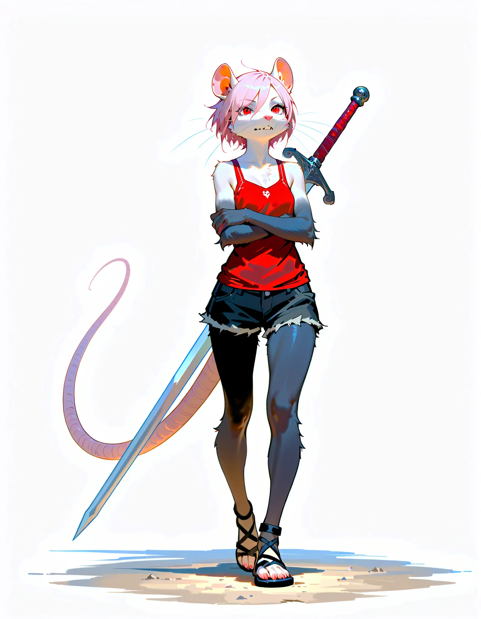 (((masterpiece))), (((Best Quality))), ((Ultra-detailed)), (anime Illustration), ((extremely delicate and beautiful)),solo, Full body, fantasy albino wererat girl, Fluffy Fur, furry, short pale pink hair, red eyes, rat head, rat ear, rat tail, ((ragged red...