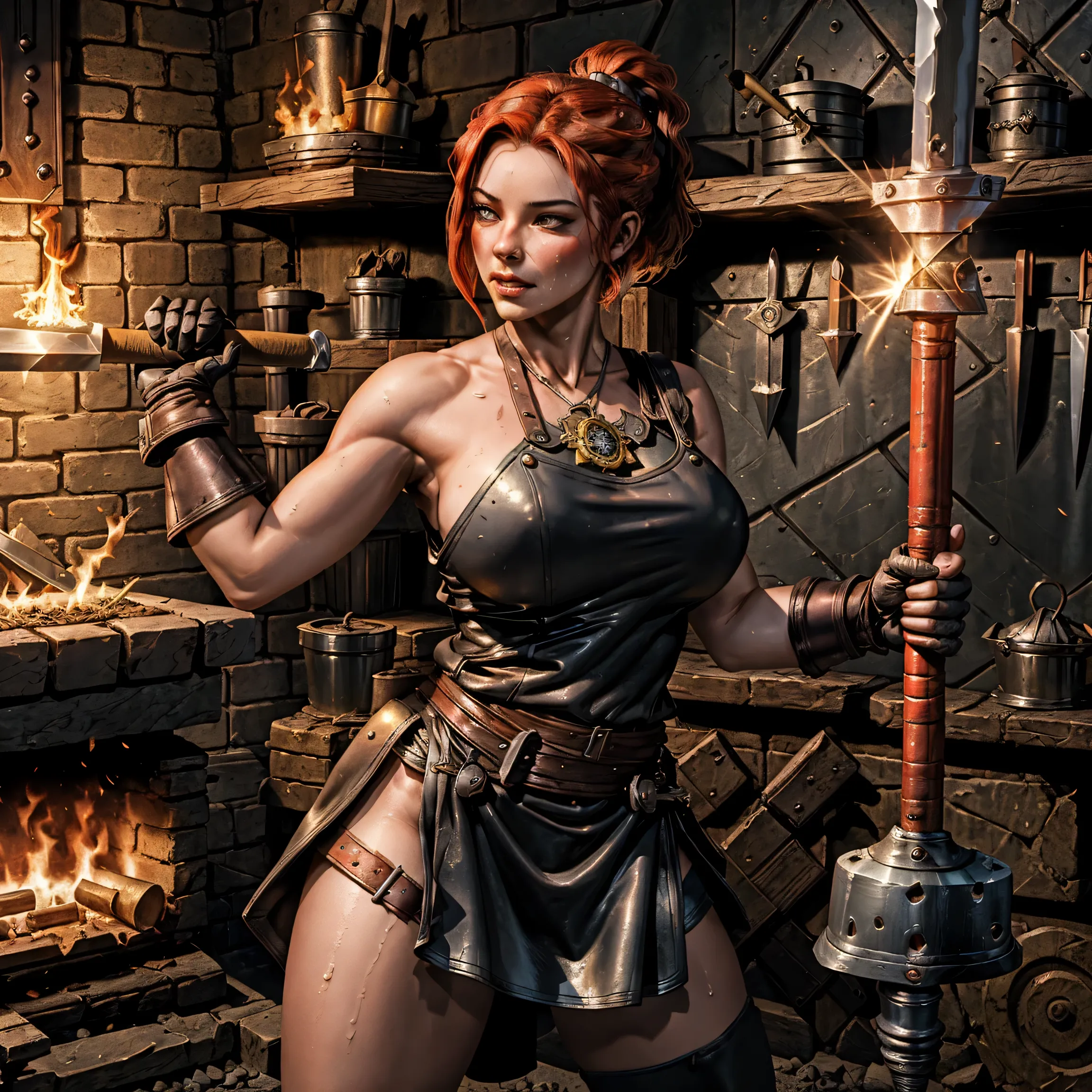 Style: Realism, "medieval fantasy setting with a focus on authentic leather clothing and accessories" , highly detailed, 4k.
1girl, solo, ALEXIAFORGE, The ((((blacksmith)))) is a beautiful woman of the European race. Tall, strong build, with strong hands, ...