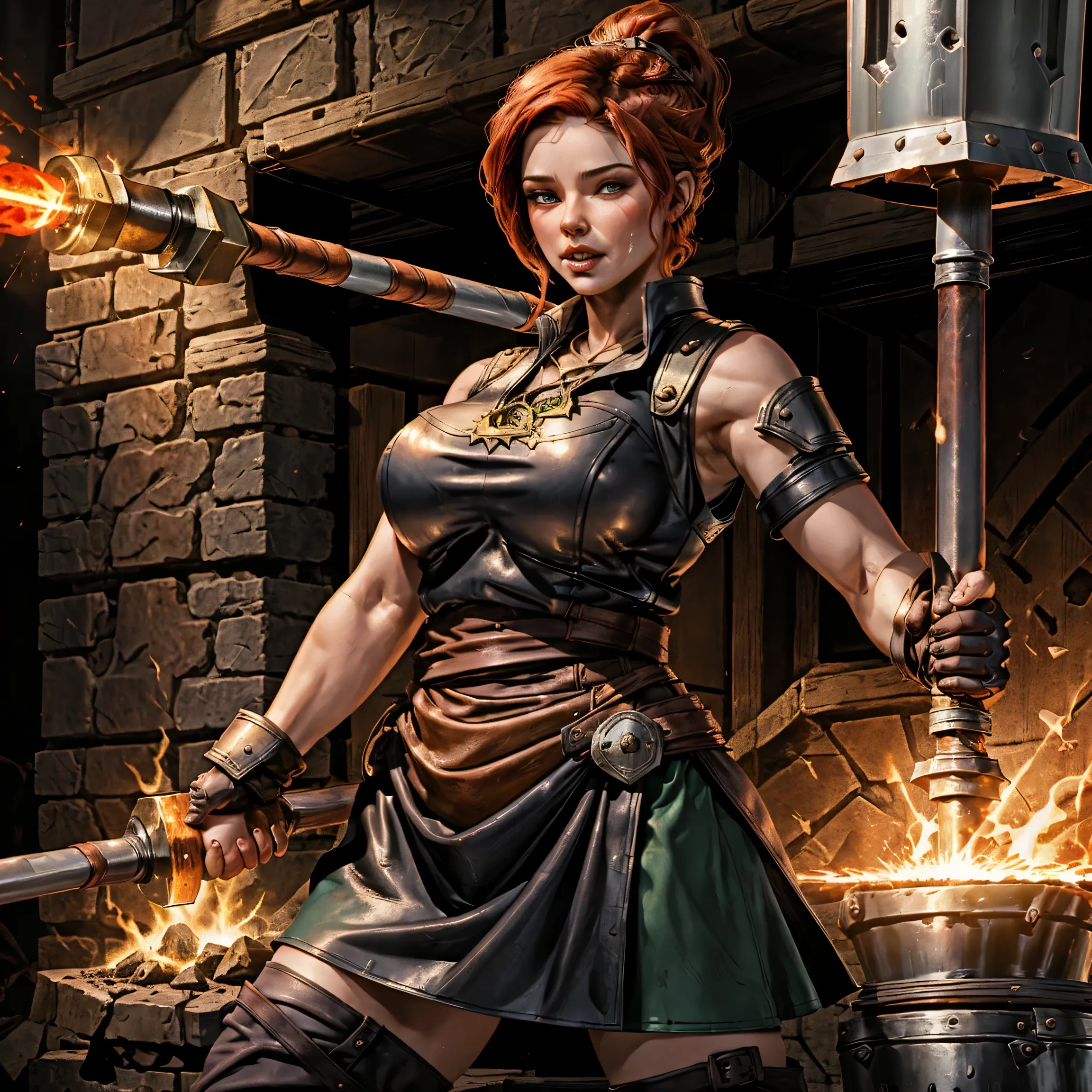 Style: Realism, "medieval fantasy setting with a focus on authentic leather clothing and accessories" , highly detailed, 4k.
1girl, solo, ALEXIAFORGE, The ((((blacksmith)))) is a beautiful woman of the European race. Tall, strong build, with strong hands, ...