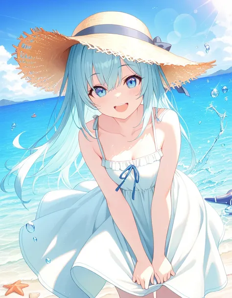 (1girl),(long hair),(light blue hair),((sundress,straw hat)),(looking at viewer),BREAK,((happy,smile)),(open mouth),(water play,seashore),((from front)),(outside,seashore,behind sea),(summer),(sunny),(sun light),BREAK,((masterpiece)),((best quality)),((super detail)),(high resolution),(perfect anatomy),(perfect fingers),(highly detailed background)
