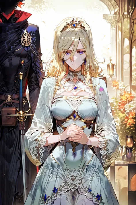 Shokolade, jormugand Shokolade, athletic toned body, wears a blue sensual royal dress and a tiara ,a cloak that drapes over giving off a fantasy vibe. Straps and belts wrap around the chest and waist, securing a pouch at their side. The chest area of the g...