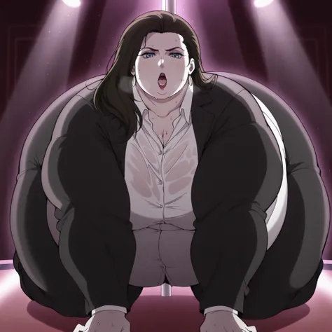 Lisa Lisa (character), 1girl, solo, dark brown hair, blue eyes, long hair, lipstick,masterpiece, best quality, 1girl, solo,  ,,, \Dancer\pole dancing\vulgarity\evil smile\ black formal jacket, , white formal shirt,black formal pants ,stage,spot light,dark,...