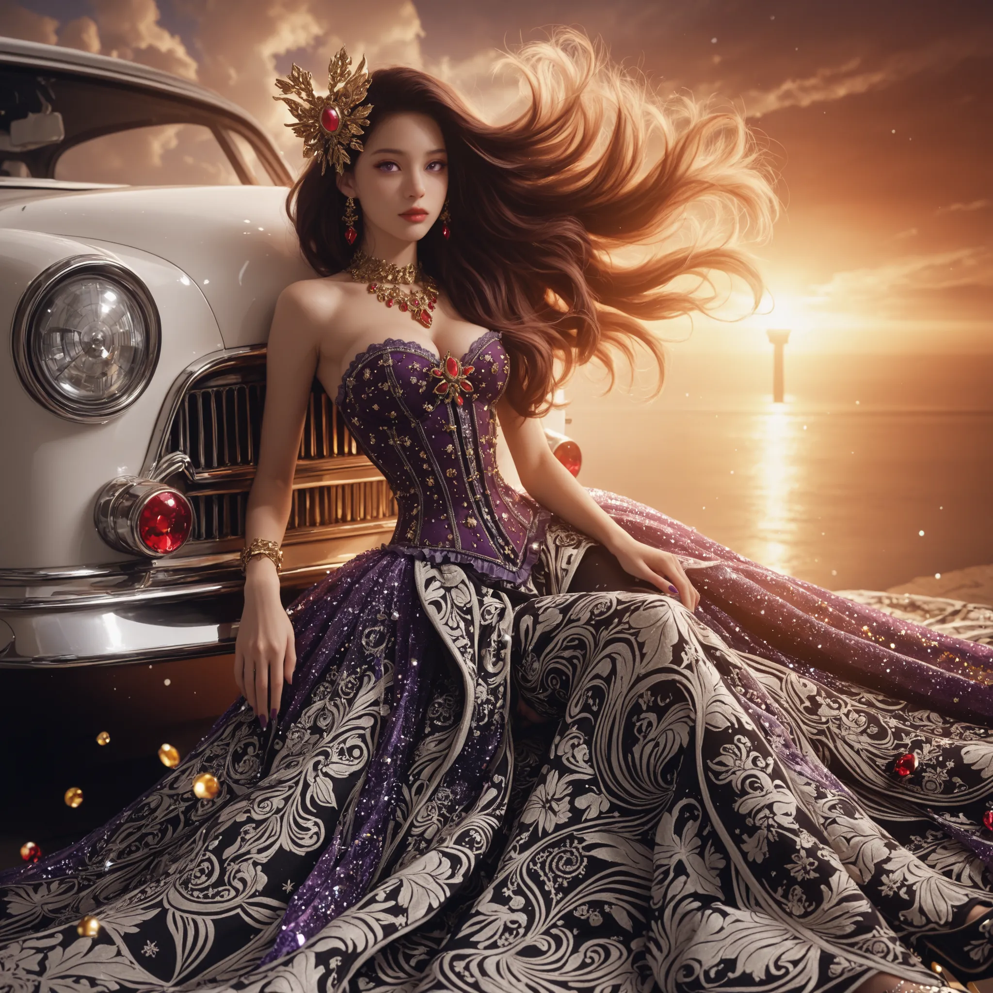 A beautiful white asian woman big breast with loose hair, standing on the stairs in the middle of a magical atmosphere, with a predominantly black and purple costume, a strapless armored corset-style dress decorated with bright red jewels, a short tutu ski...