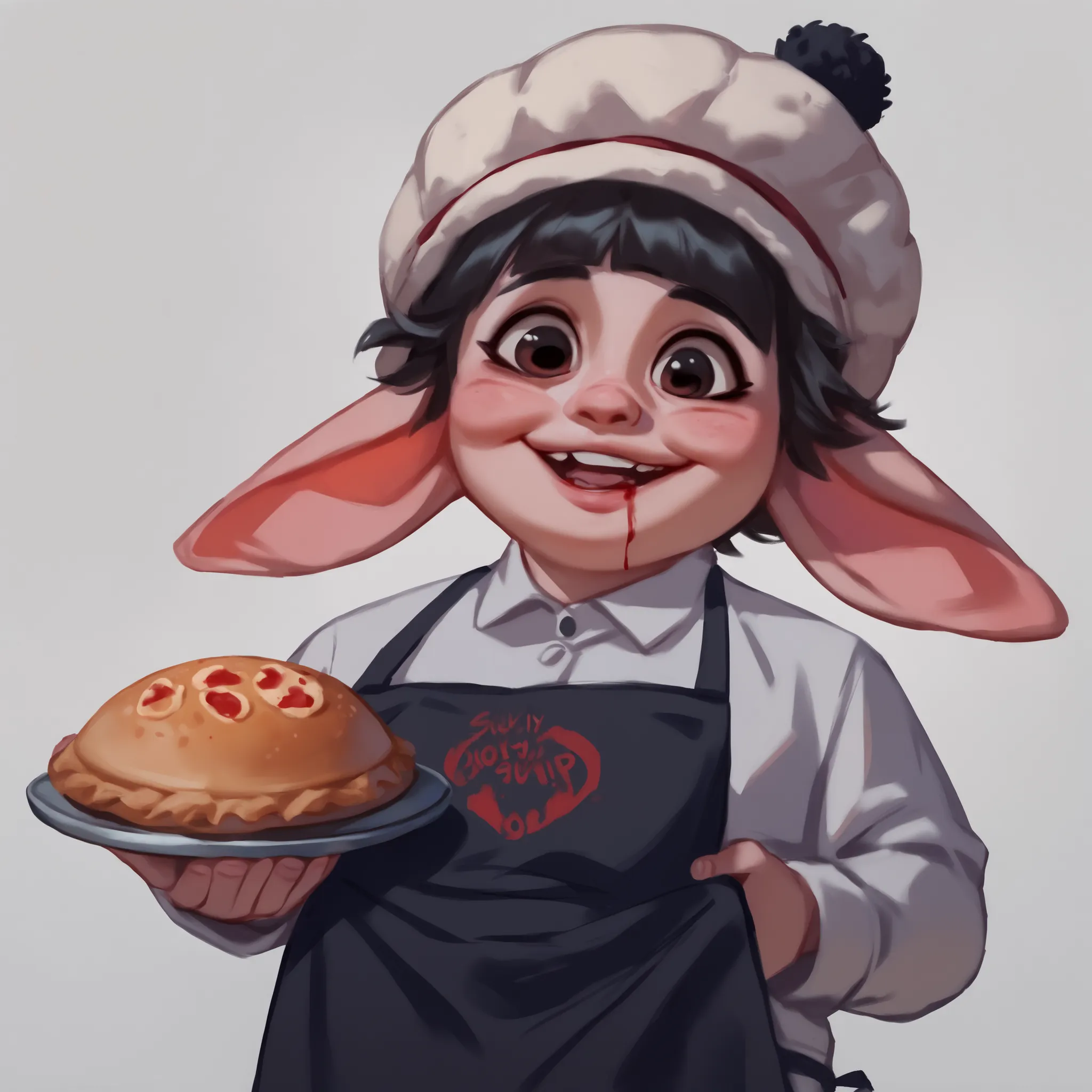(masterpiece:1.3), (storybook illustration:1.2), (dark humor:1.3), (cute halfling male:1.2), (chubby face:1.1), (rosy cheeks:1.0), (big ears:1.1), (wool hat with pompom:1.0), (blood-stained apron:1.2), "I ❤️ pies" text on apron, (holding pie:1.0), (hidden ...