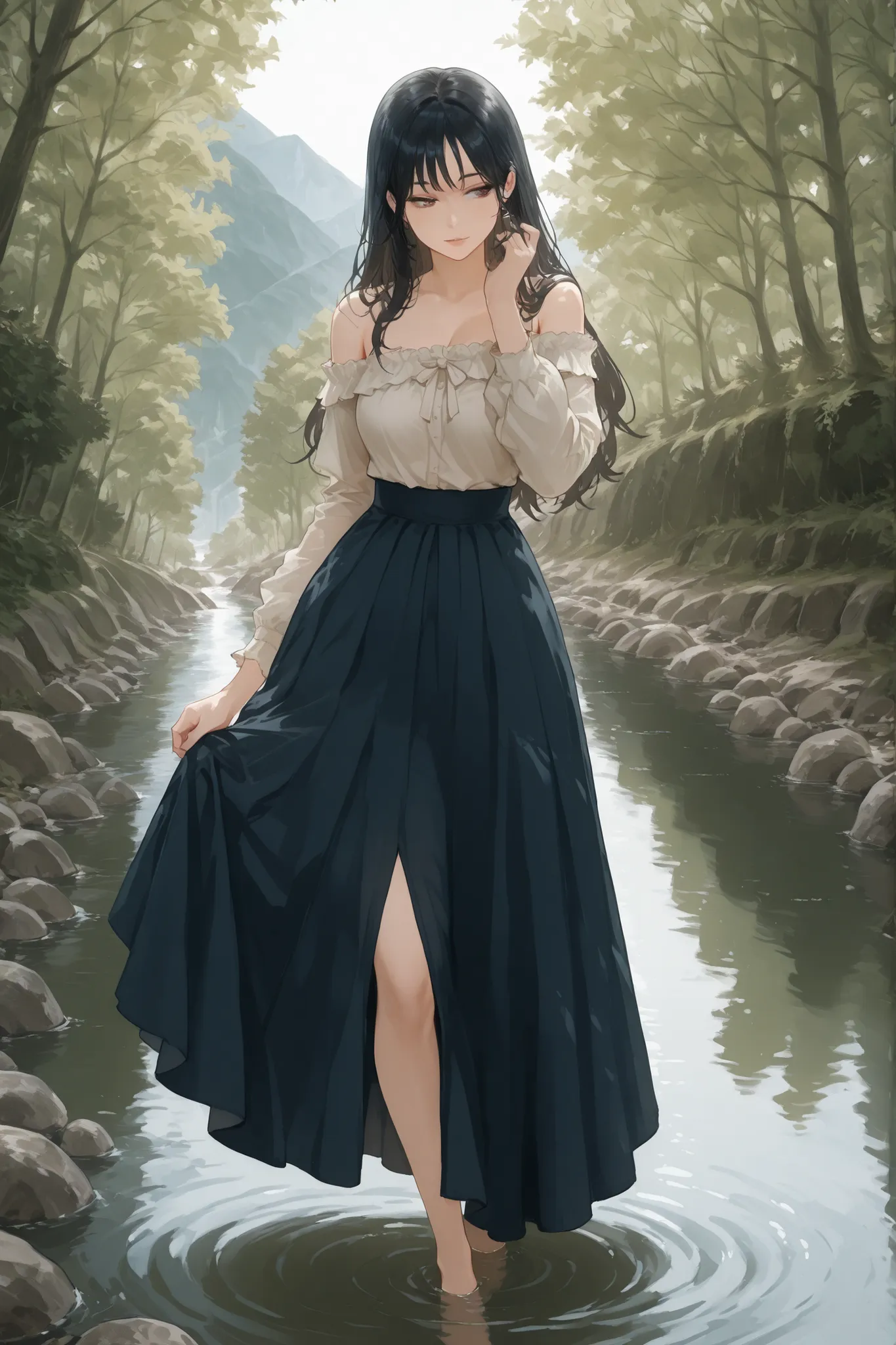 1girl, dwcstyle, masterpiece, knee deep standing in river, long skirt, skirt pulled up, beautiful scenery