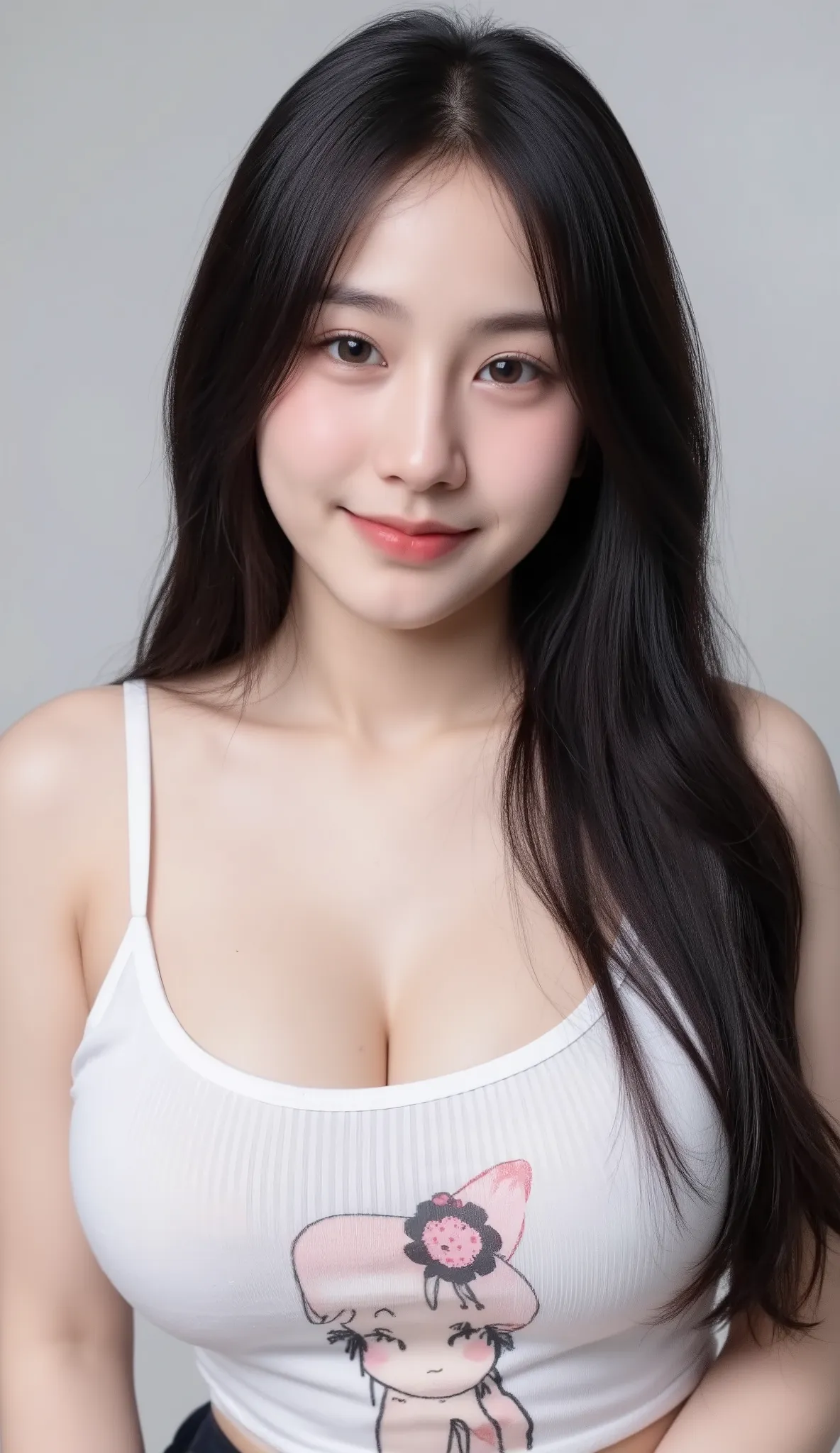 Realistic teen woman Beautiful face Black long hair Big breasts Attractive shape Looking and smiling for camera 8K high definition sharp focus Very high detail Realistic like photo Natural light Smooth skin
The close-up shot sees only half of the body slig...