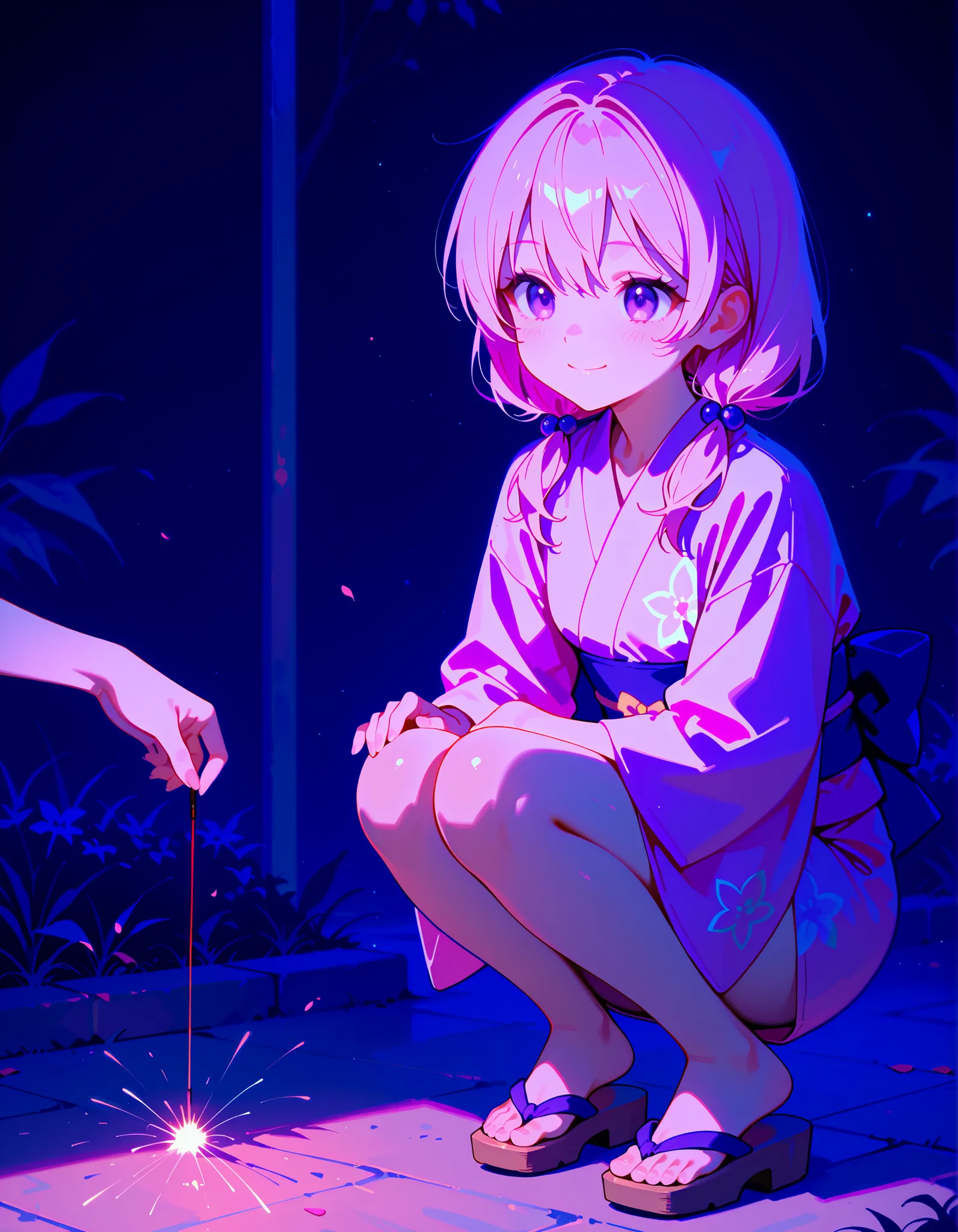 (Lower the exposure to the maximum). ((Detailed dark purple eyes)), highly detailed face, ((light pink short hair)), ((light pink hair)), ((low tied pigtails)), Woman with sparklers, kimono, squatting, bending both knees, geta, black hair, hair accessory, ...