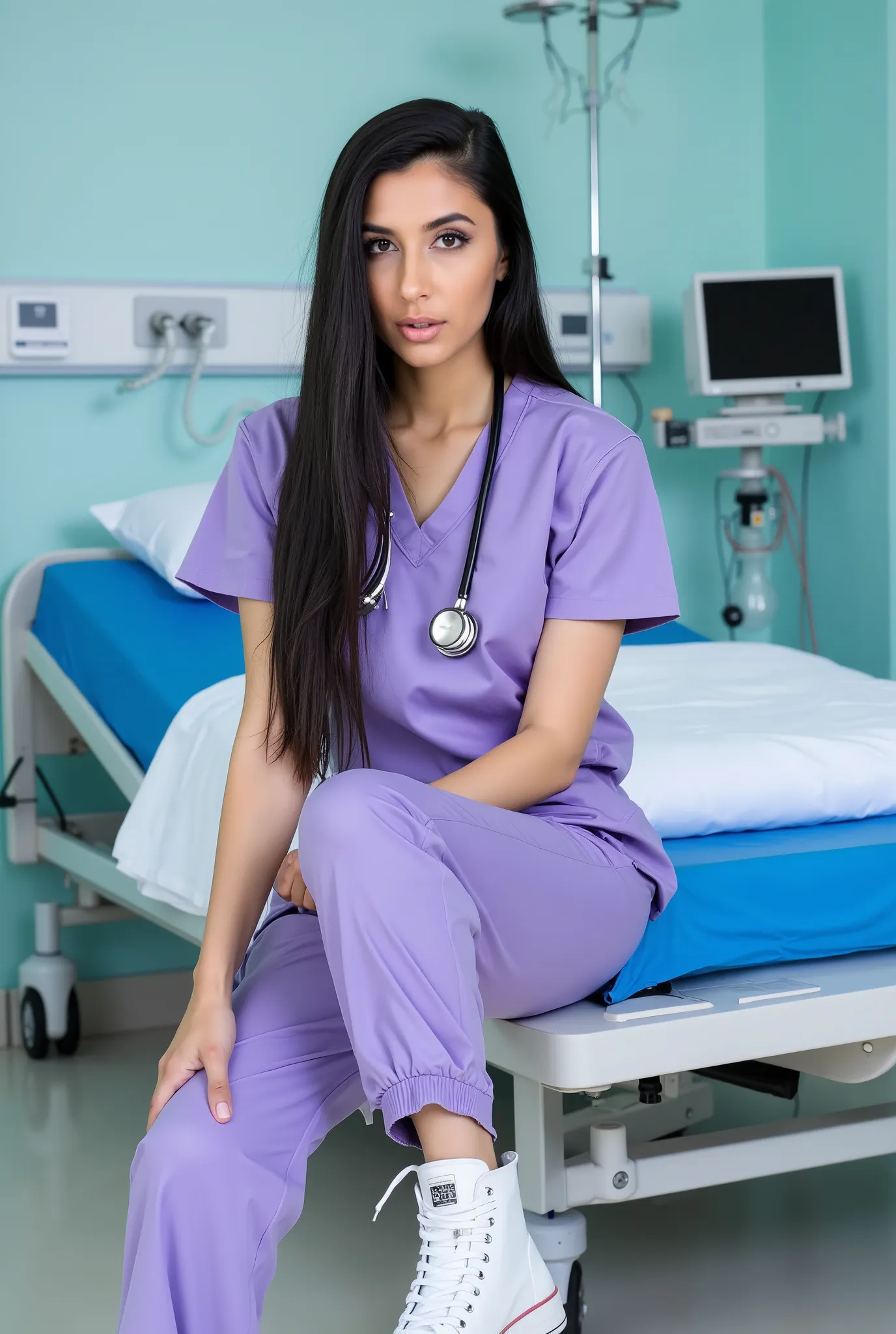 "A confident female nurse sitting casually on the edge of a hospital bed in a modern medical facility. She has long straight black hair and is wearing stylish lavender-colored medical scrubs with a stethoscope hanging around her neck. Her expression is poi...