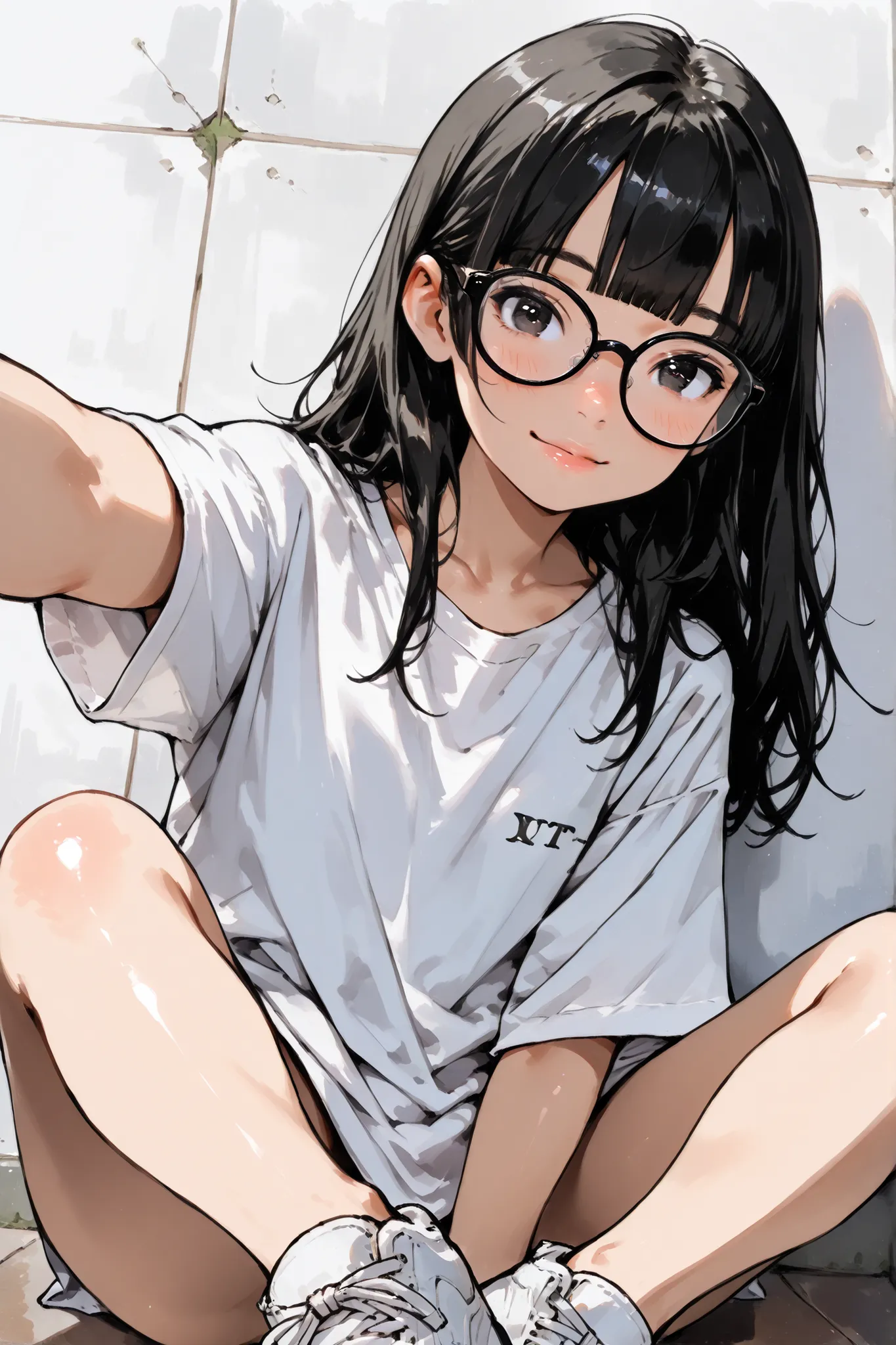 1girl,(leg stretched out),Super Detailed,absolute resolution,(dynamic angles),(tanned skin:0.3),portrait,((pinup)),
[from side],worm’s-eye view,sitting,Leaning on wall,(leg stretched out),[lookig at viewer],
((naked oversized white long T-shirt)),((plain T...