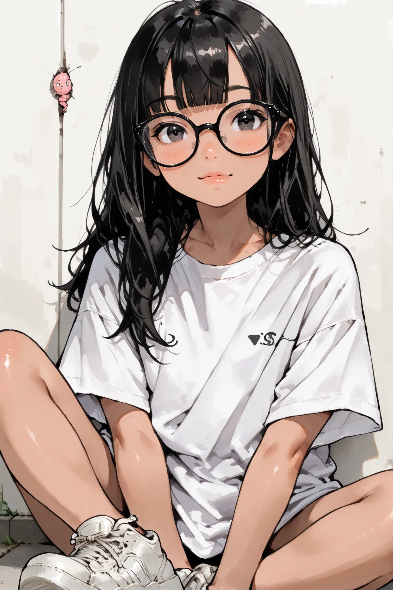 1girl,(leg stretched out),Super Detailed,absolute resolution,(dynamic angles),(tanned skin:0.3),portrait,((pinup)),
[from side],worm’s-eye view,sitting,Leaning on wall,(leg stretched out),[lookig at viewer],
((naked oversized white long T-shirt)),((plain T...