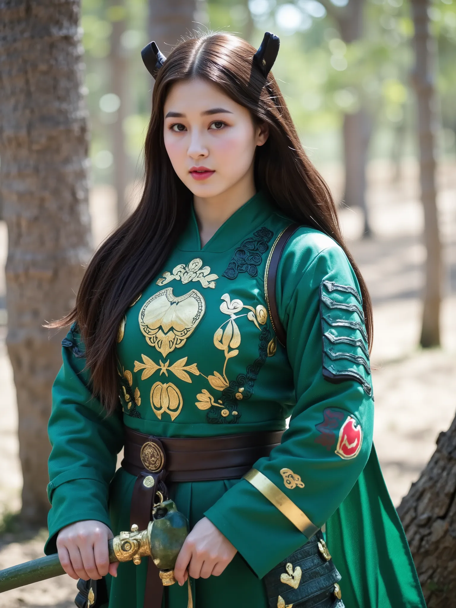 masterpiece, ultra detailed, best quality, (beautiful Asian warrior:1.2), (innocent face:1.3) [large bright eyes, gentle expression, delicate features], (elaborate jade green armor:1.2) [layered silk and leather plates, gold trim detailing, natural motifs ...