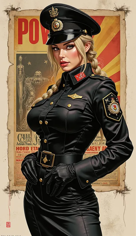 the proportions and detailed textures multicolor brushwork and softened with airbrush, semi-realistic ink china illustration of a strong and beautiful young girl in a steampunk style police uniform and epic fantasy (full body pose, with a confident and dar...