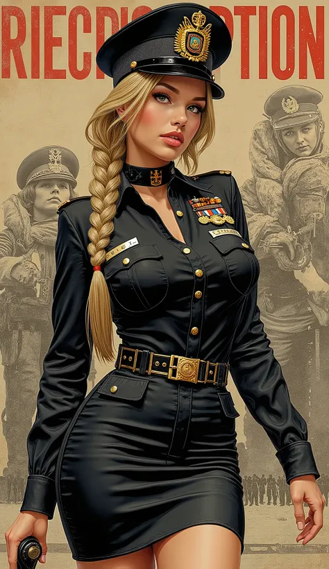 the proportions and detailed textures multicolor brushwork and softened with airbrush, semi-realistic ink china illustration of a strong and beautiful young girl in a steampunk style police uniform and epic fantasy (full body pose, with a confident and dar...