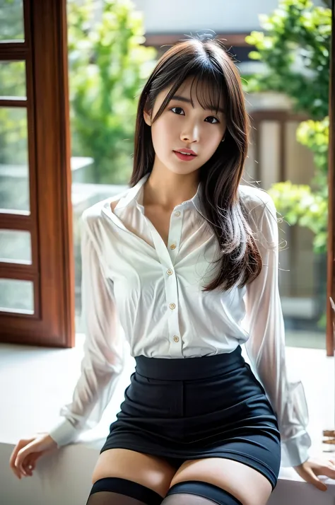  close-up of a woman wearing a white shirt and black stockings, Japanese model, beautiful Asian girls, Korean girl, show intricate details of clothing, Japanese Goddess, beautiful south Korean woman, gorgeous young Korean woman, open shirt, Korean woman, b...