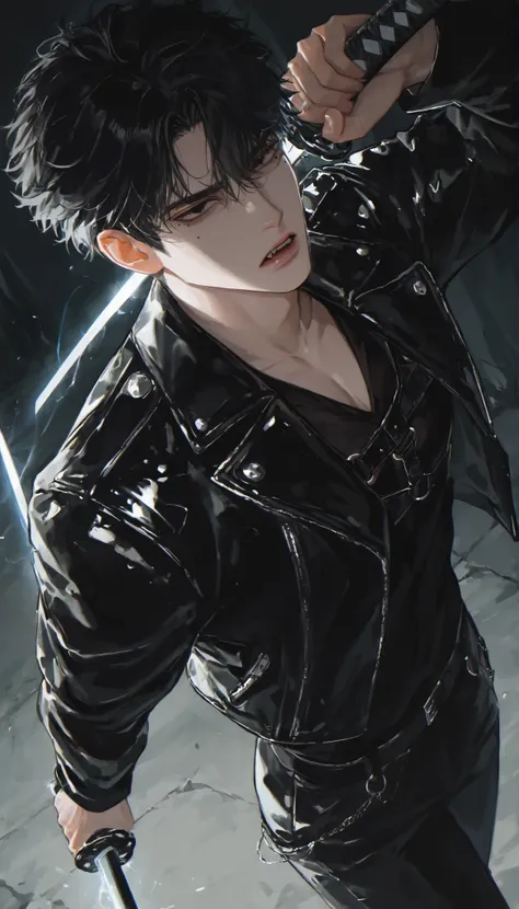 1male, solo, alone, (black hair, black eyes),black harness over business shirt,black punk leather jacket,dim street,gloomy mood,in the dark,(dynamic angle,dynamic pose), handsome,bewitching,mole under eye,focusing on one man,mafia,villain,light-complexione...