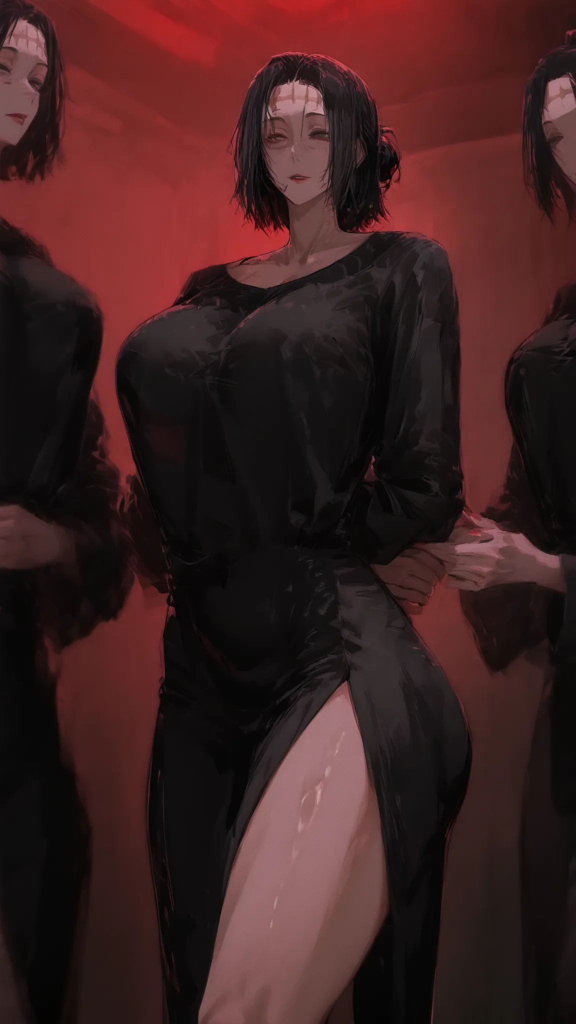 Kenjaku (Kaori Itadori) Only woman black eyes medium hair with bun scar on forehead Dongtan black dress red lipstick big butt long leg big breast standing in front with hands behind back (jujutsu kaisen).