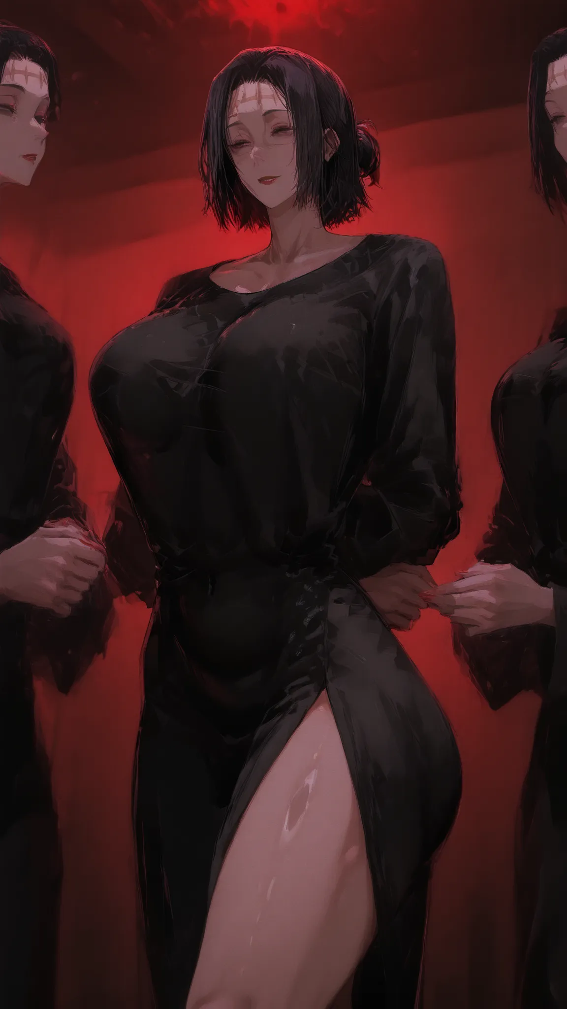 Kenjaku (Kaori Itadori) Only woman black eyes medium hair with bun scar on forehead Dongtan black dress red lipstick big butt long leg big breast standing in front with hands behind back (jujutsu kaisen).