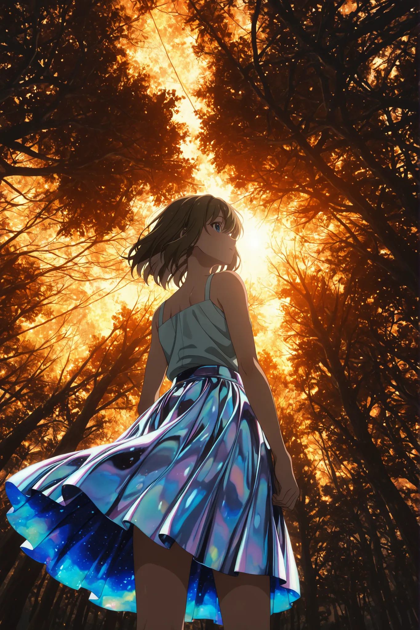Anime style, Summer Skirt, A soft skirt fluttering in the summer breeze, 1gilr no campo de trigo dourado onde seu corpo esta se desintegrando como parte dos trigos, {Extremely detailed 16k CG wallpaper}, expansive landscape photography, (low-angle view foc...