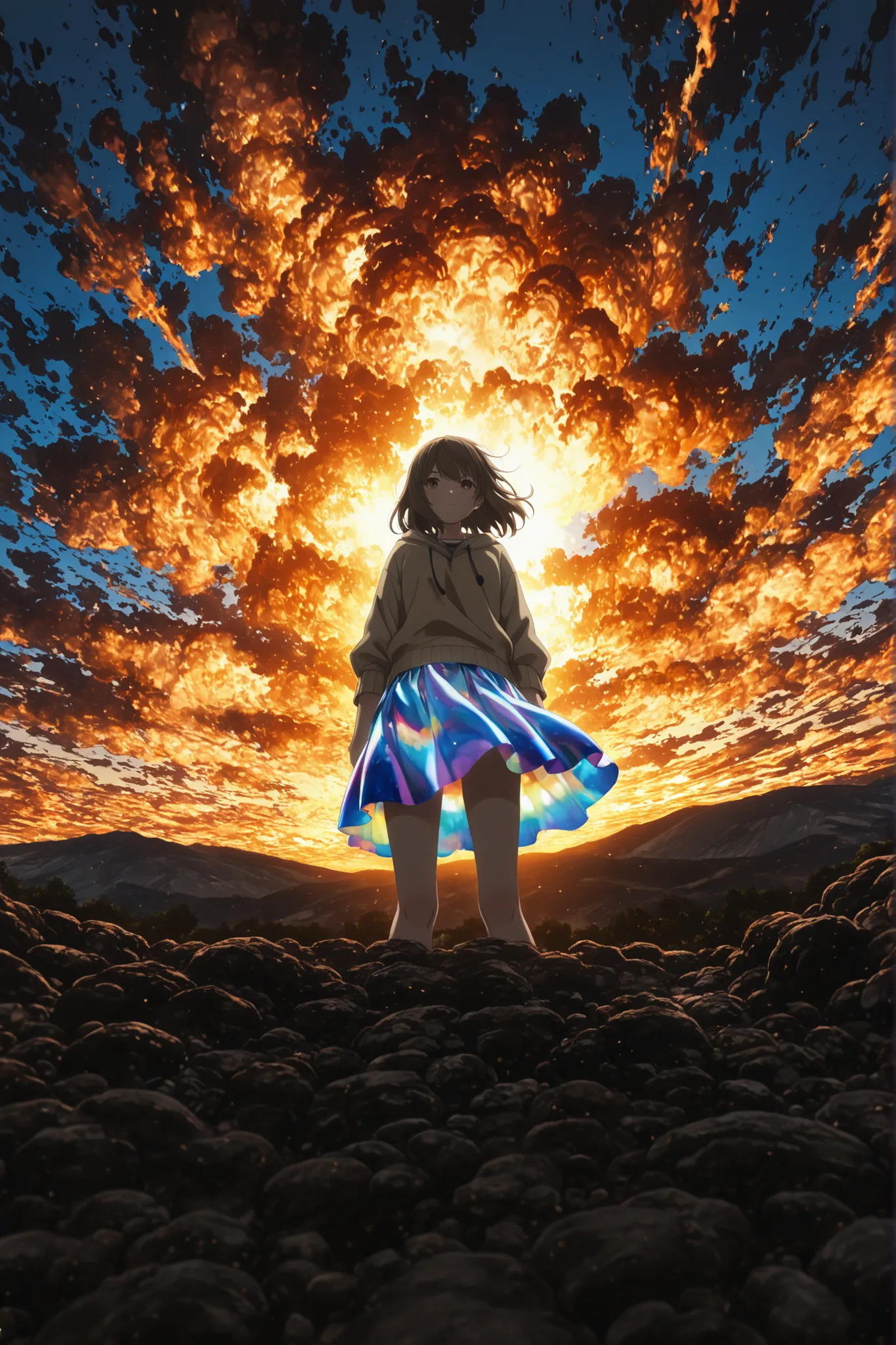 Anime style, Summer Skirt, A soft skirt fluttering in the summer breeze, 1gilr no campo de trigo dourado onde seu corpo esta se desintegrando como parte dos trigos, {Extremely detailed 16k CG wallpaper}, expansive landscape photography, (low-angle view foc...