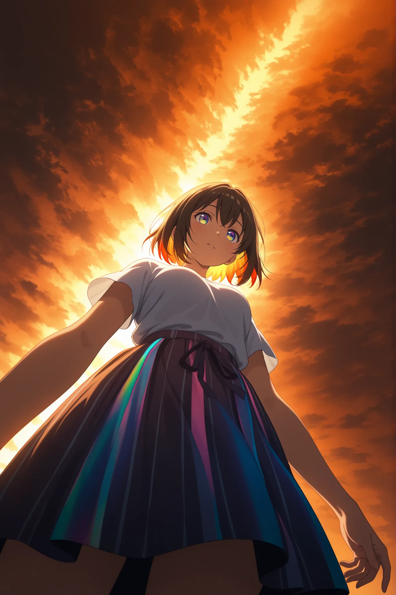 Anime style, Summer Skirt, A soft skirt fluttering in the summer breeze, 1gilr no campo de trigo dourado onde seu corpo esta se desintegrando como parte dos trigos, {Extremely detailed 16k CG wallpaper}, expansive landscape photography, (low-angle view foc...