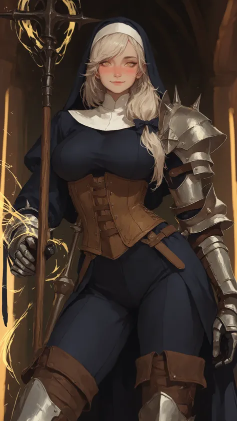 solo, female, tall, cowboy shot, nun habit, armor, knight, armor corset, thigh boots, large breasts, very short hair, straight hair, platinum blonde, long legs, yellow eyes, cute, hair bow, faint blush, fluttering clothes, looking at viewer, pauldron, asym...