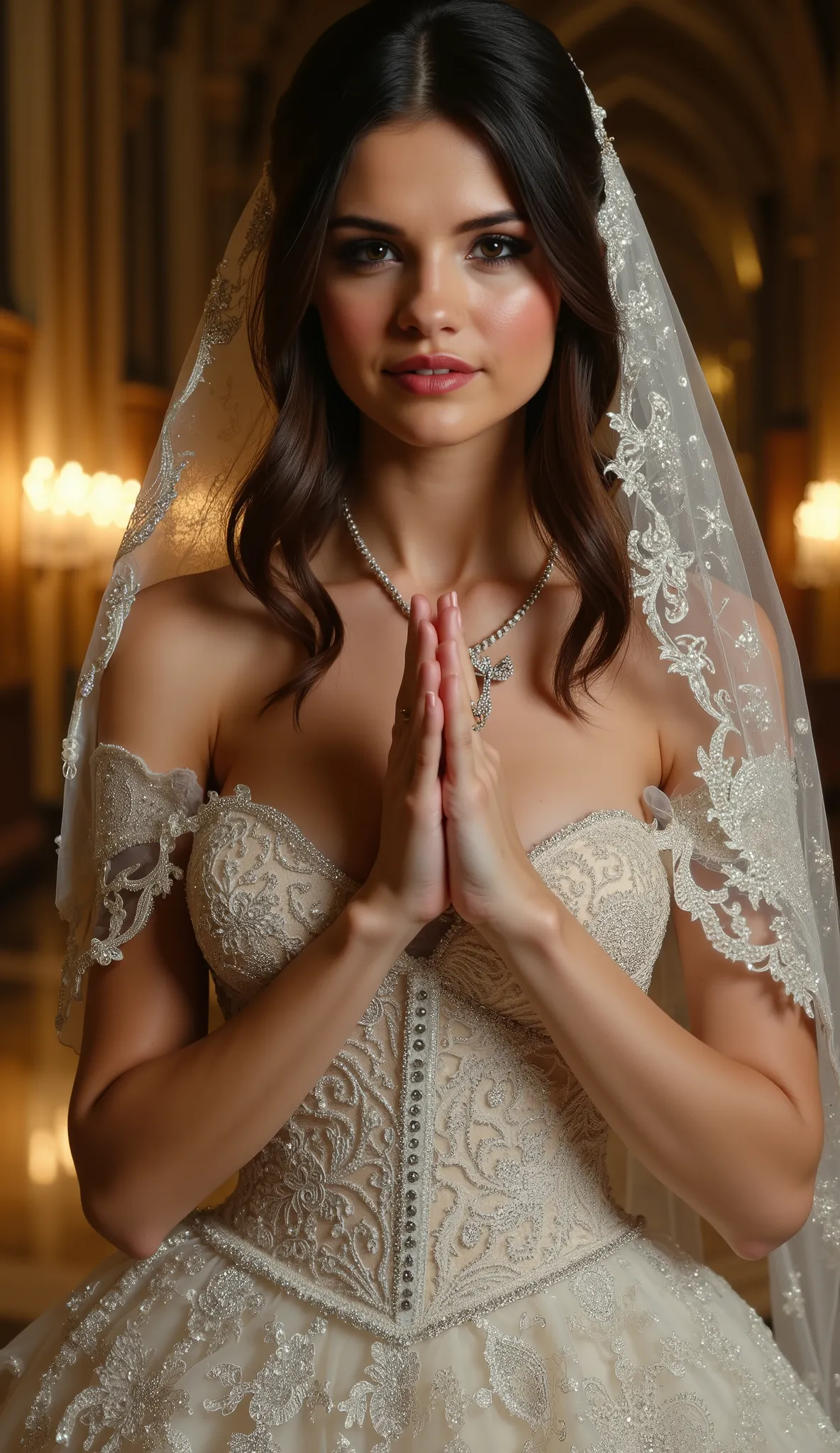 Ultra-high-resolution close-up (100mm macro lens, f/1.4) of a stunning bride (voluptuous hourglass figure) in a jaw-dropping Swarovski crystal-encrusted wedding gown, the delicate lace patterns subtly forming 'Ace of Spades' motifs across the bodice and sl...