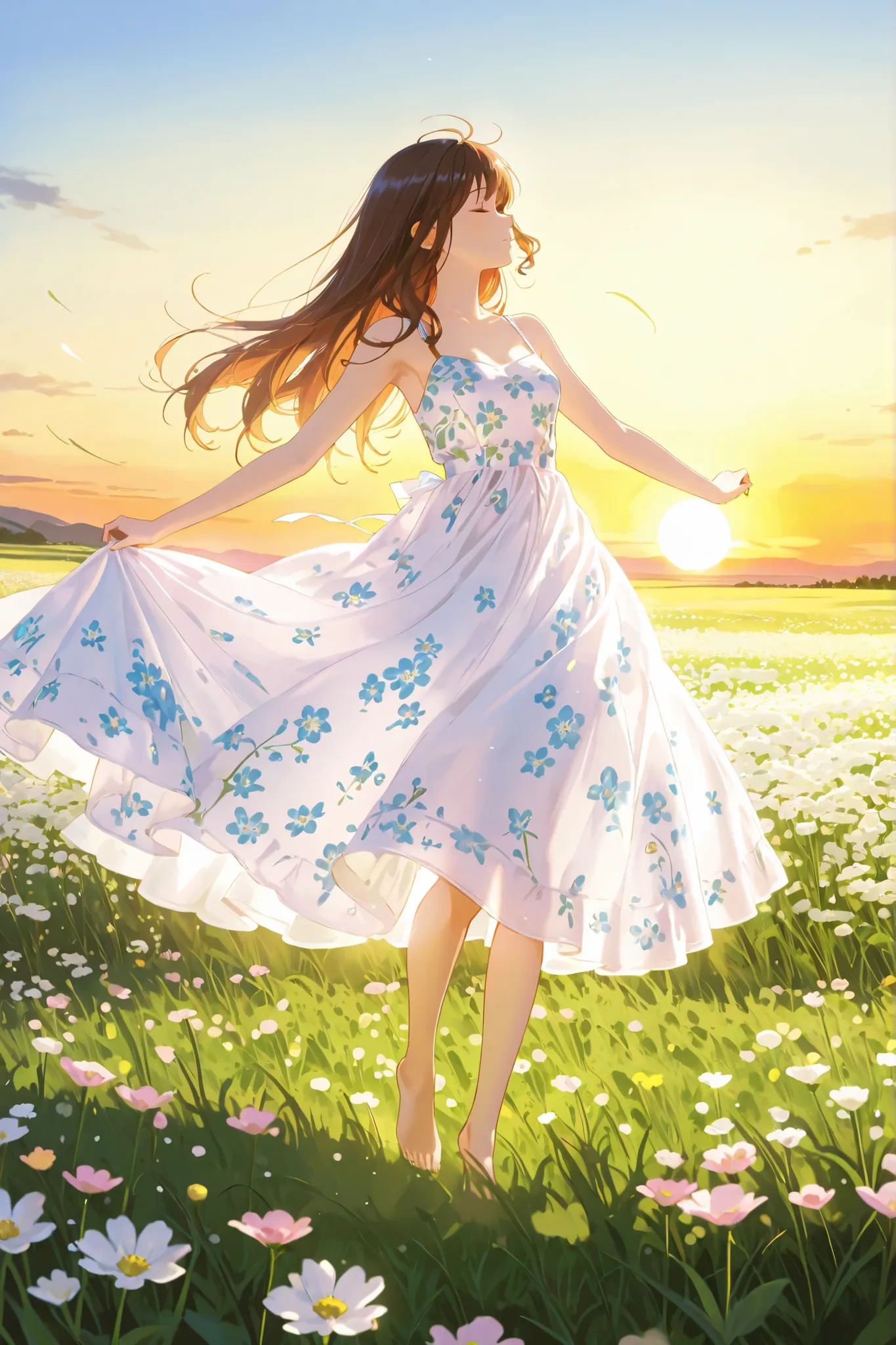 dreamy anime girl spinning at the flower farm, wearing a floral dress, Barefoot, spread your arms wide, Skirt flowing in motion, Long Hair Fluttering in the Wind, Behind her is a fringed light with the sunset shining, soft shadows on arms and neck, Super d...