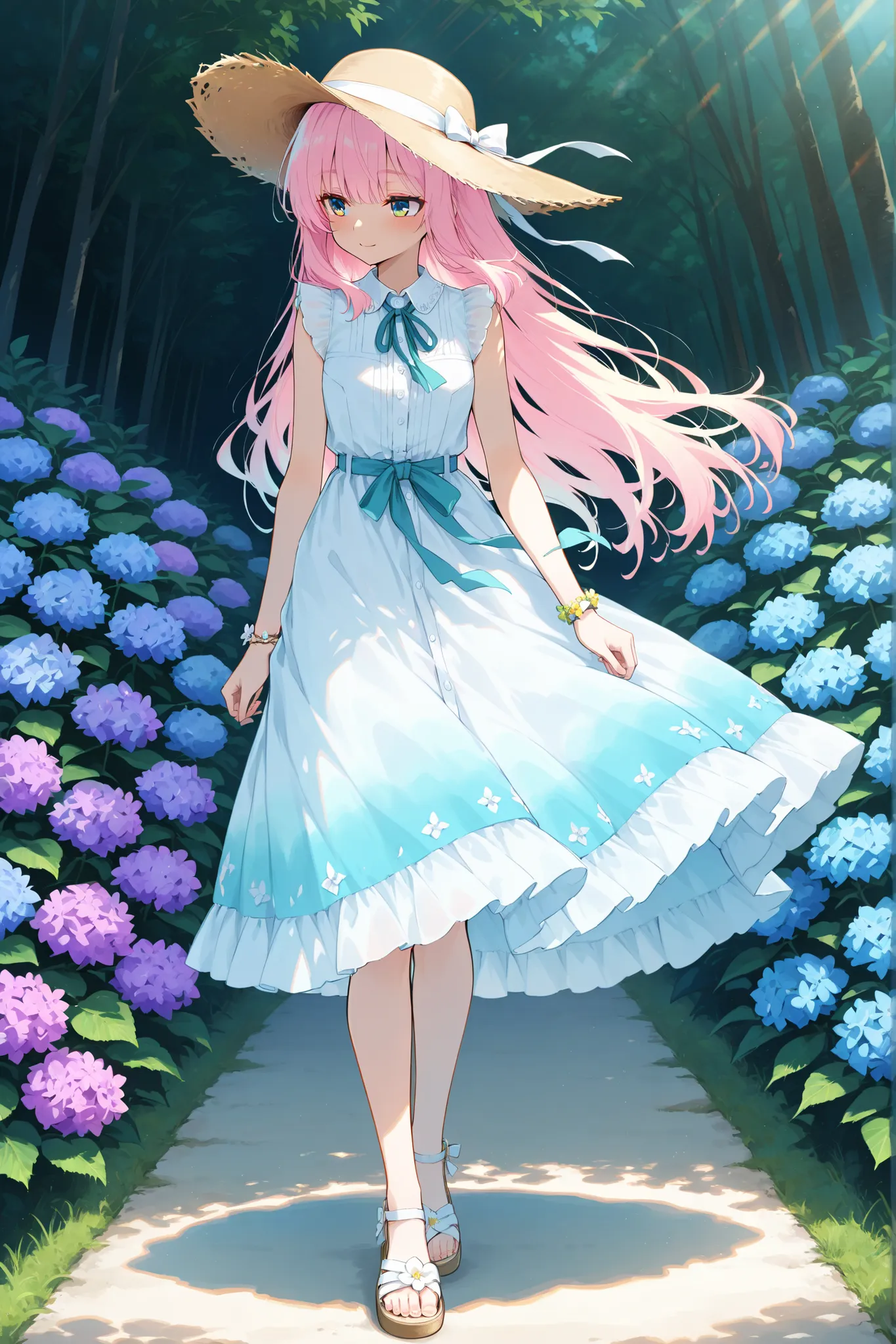 anime style, digital illustration 
A girl wearing a flowing skirt and enjoying the summer breeze 
Light and airy pastel midi skirt, sleeveless blouse, sun hat with bow, sandals, delicate bracelet 
Standing on a quiet seaside path lined with hydrangeas, gen...
