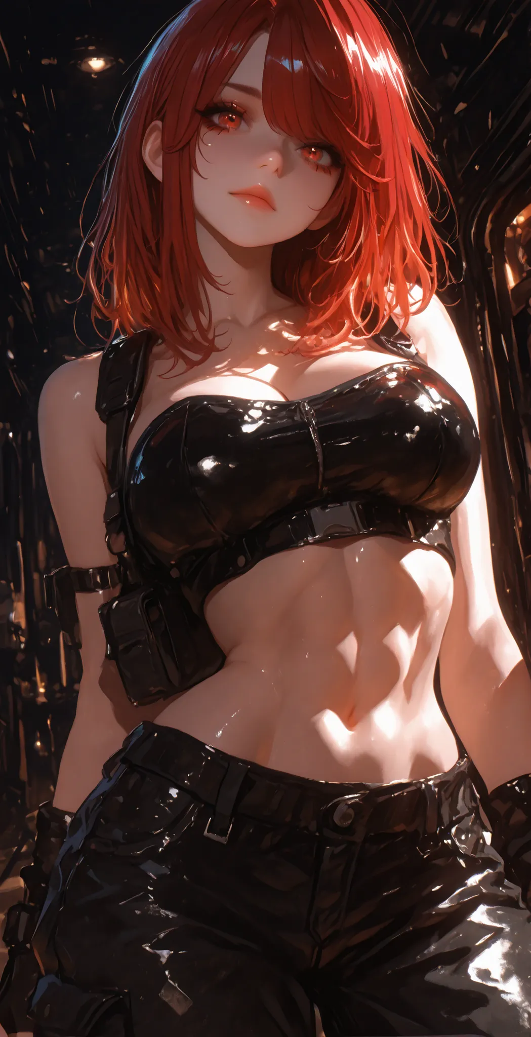 (masterpiece:1.35), (very aesthetic, best quality:1.3), highly detailed, dynamic lighting, dark environment, backlit, absurdres, detailed shading and textures, dark background, cyberpunk aesthetic, close-up, hyperdetailed, flat anime style, no lineart, det...