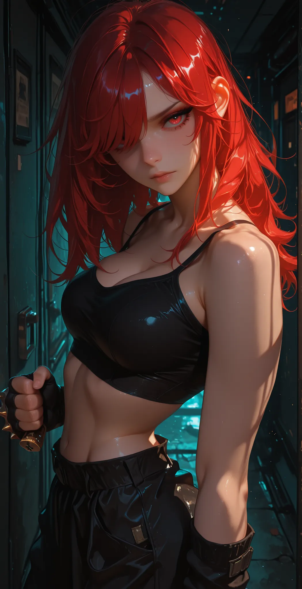 (masterpiece:1.35), (very aesthetic, best quality:1.3), highly detailed, dynamic lighting, dark environment, backlit, absurdres, detailed shading and textures, dark background, cyberpunk aesthetic, close-up, hyperdetailed, flat anime style, no lineart, det...