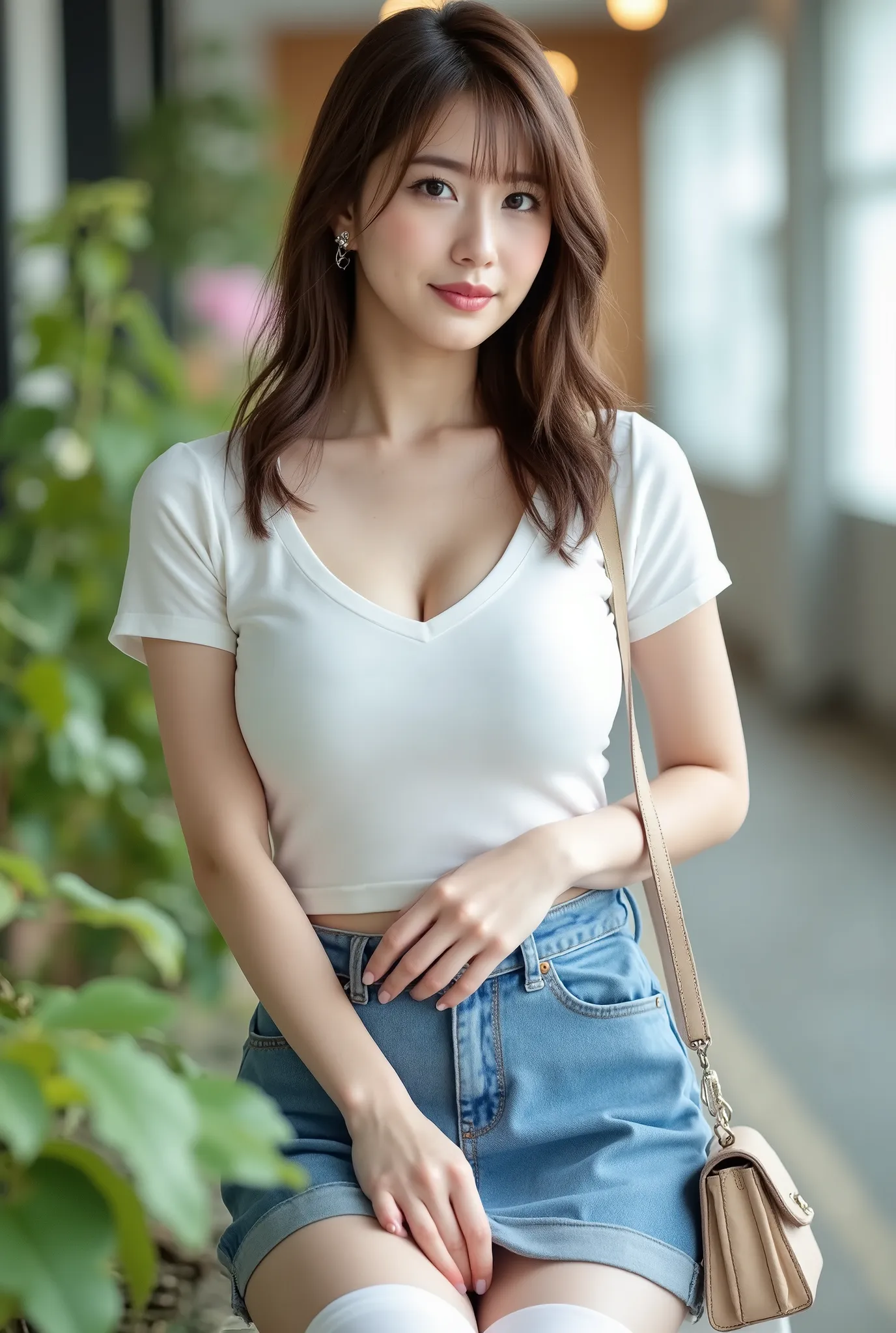 Closeup of a woman in a short skirt and bag, young cute gravure idol, realistic young gravure idol, young and sensual gravure idol, Young Skinny Gravure Idol, young gravure idol, Japanese Goddess, Sakimi-chan HDRI, WEARING A TIGHT SIMPLE CLOTHING, Japanese...