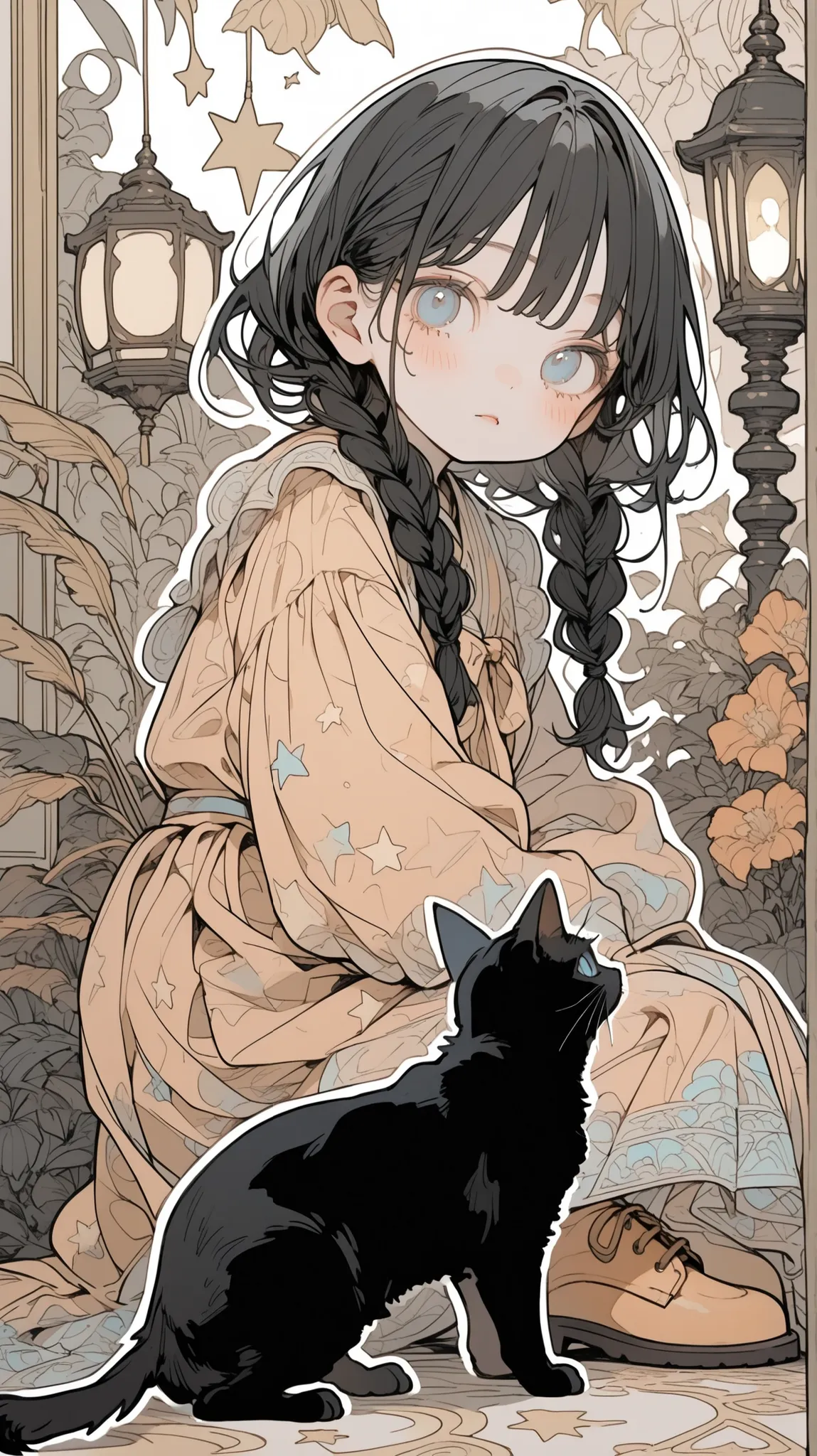 riding a big black cat、and the background is simple black。lamp、Braid summary black hair and blue eyes、detailed face、well-balanced body、thin, long legged kindergarten child,Golden Stars on Background,burnt feathers and ash、little boy who is cm tall、large pa...