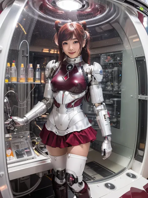 (top quality, high res, masterpiece:1.2), Super Detailed, realistic:1.37,(perfect anatomy),1 girl,(standing in a glass capsule:1.3),Lots of cables, Lots of Computer Screens , cute and very beautiful girl star idol,age 40,(transformed into a cute cyborg:1.3...