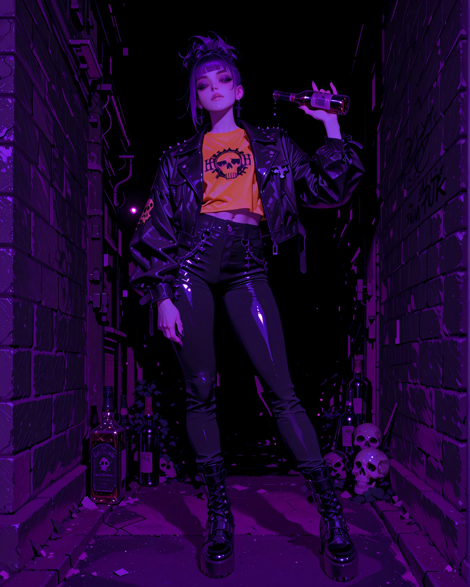 A tall punk goth girl with pale skin and striking goth makeup. She has a vivid purple mohawk hairstyle. She's wearing a black leather jacket with metallic studs, chains, and skull patches, paired with tight black jeans and chunky platform boots. Under her ...