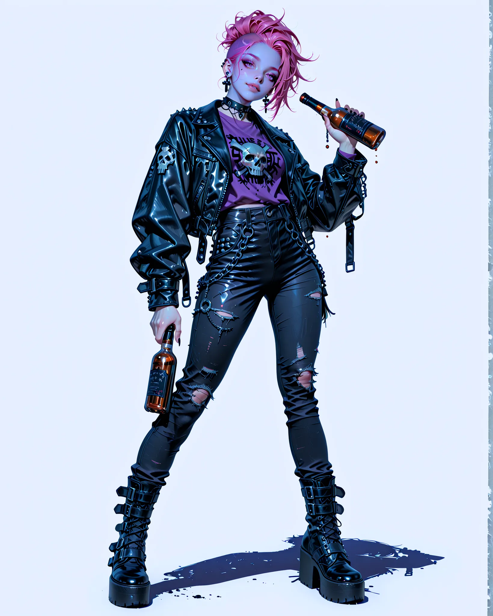 A tall punk goth girl with pale skin and striking goth makeup. She has a vivid pink mohawk hairstyle. She's wearing a black leather jacket with metallic studs, chains, and skull patches, paired with tight black jeans and chunky platform boots. Under her ja...