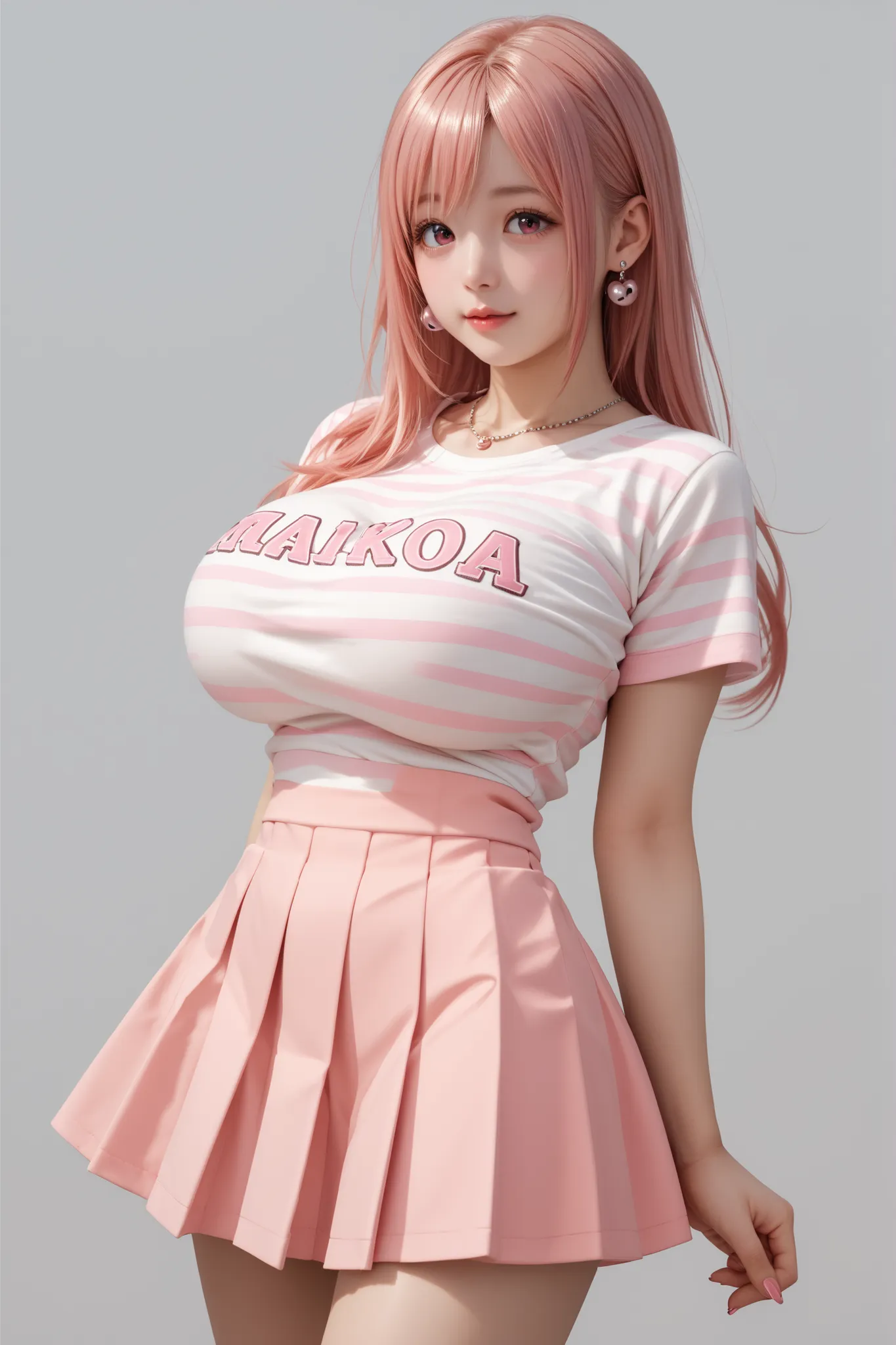Japanese beautiful girl,  huge breasts  . grey background,  
  honoka, pink hair，  , made a playful expression. , 
 , mini skirt, earrings,striped T-shirt
,