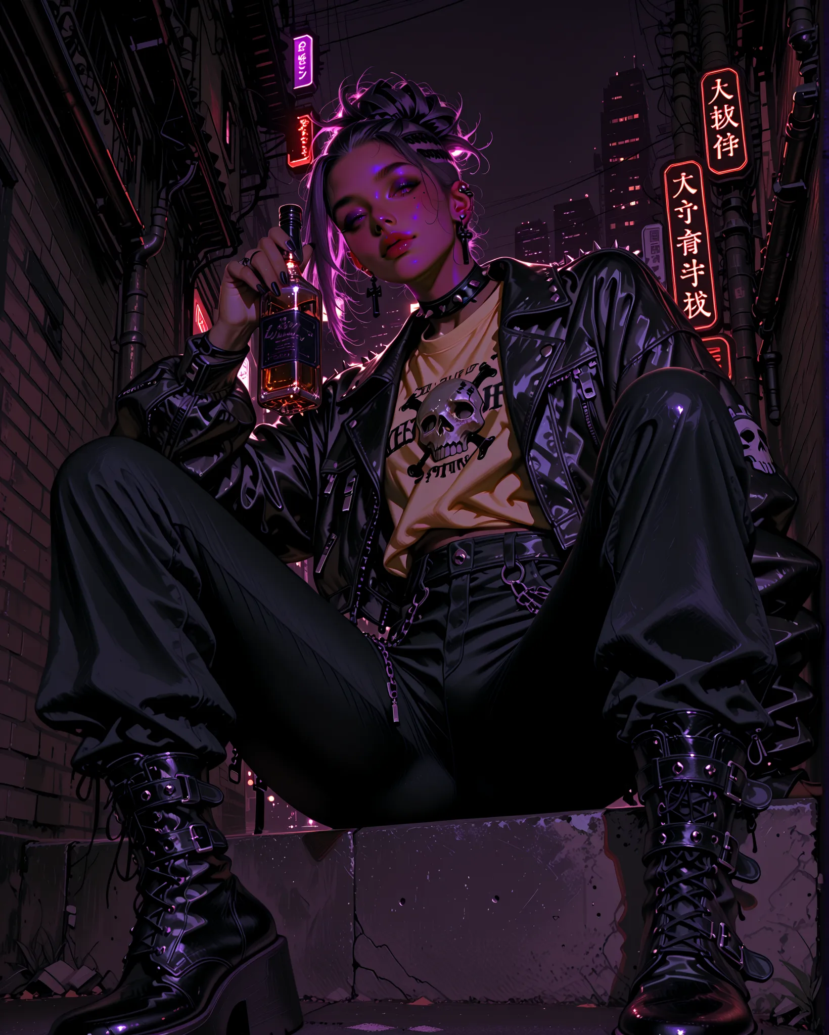 ((low angle)) A tall punk goth girl with dark skin and bold goth makeup. She has a purple mohawk hairstyle, wearing a black leather jacket with studs, chain accessories, and skull patches. Tight black jeans and chunky platform boots complete her outfit. Un...