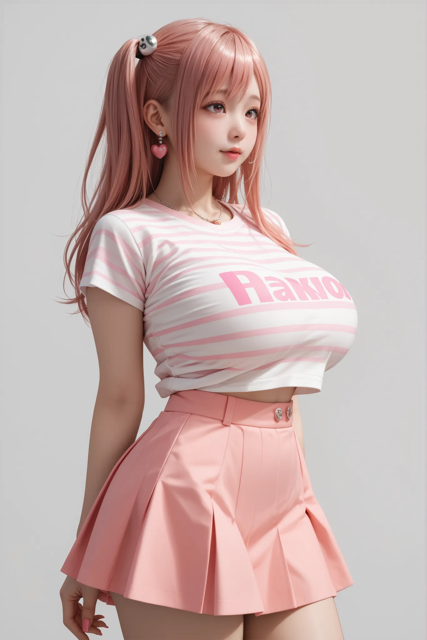 Japanese beautiful girl,  huge breasts  . grey background,  
  honoka, pink hair，  , made a playful expression. , 
 , mini skirt, earrings,striped T-shirt
,