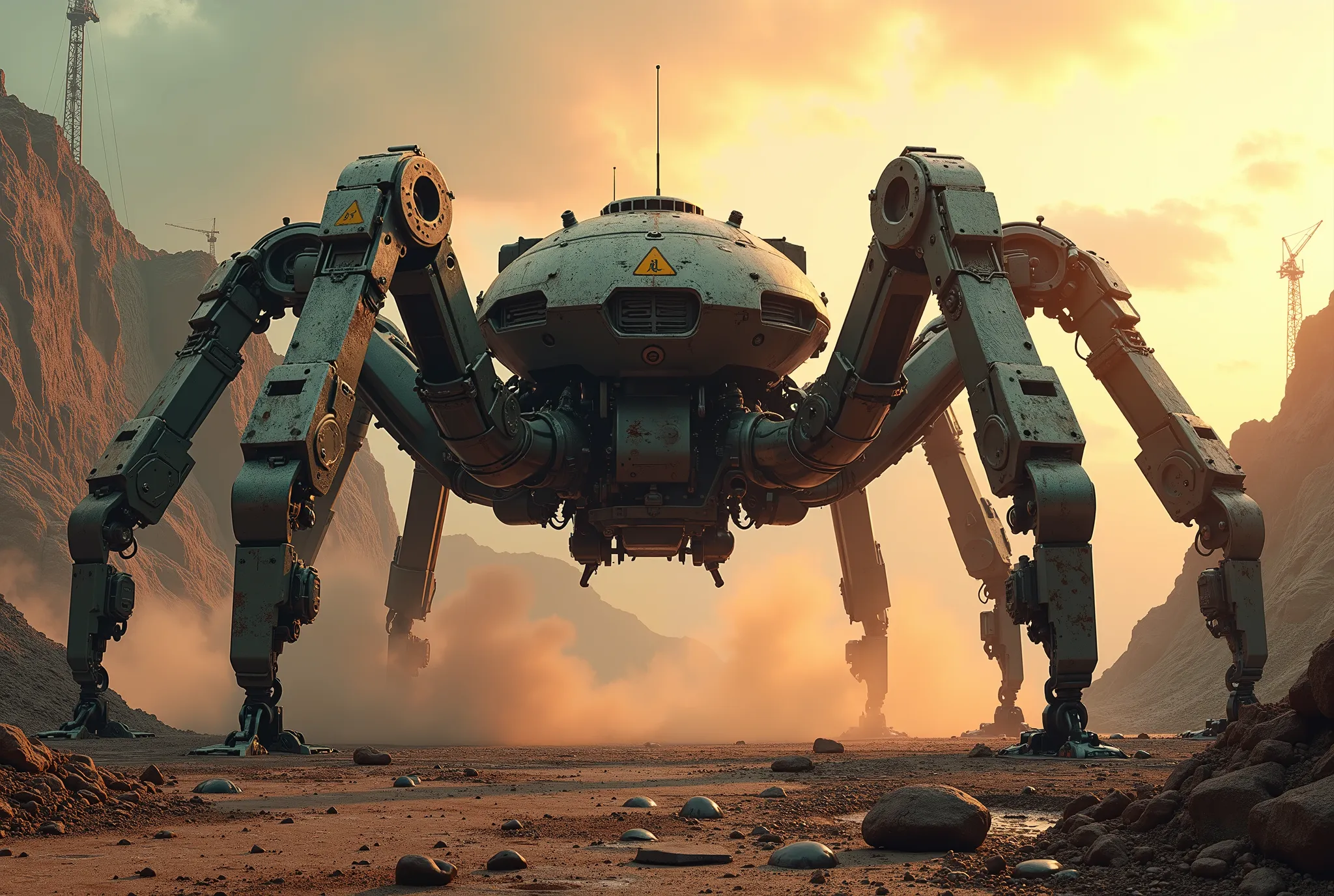 (In the style of ck-mgs, cksc, a_skynet_cyberdyne_craft) — ultra-detailed sci-fi cinematic scene, 8K digital painting, hyper-realistic.
Foreground: cracked soil, scattered metal debris, oil-stained rubble. Dust particles shimmer in low sunlight, creating l...