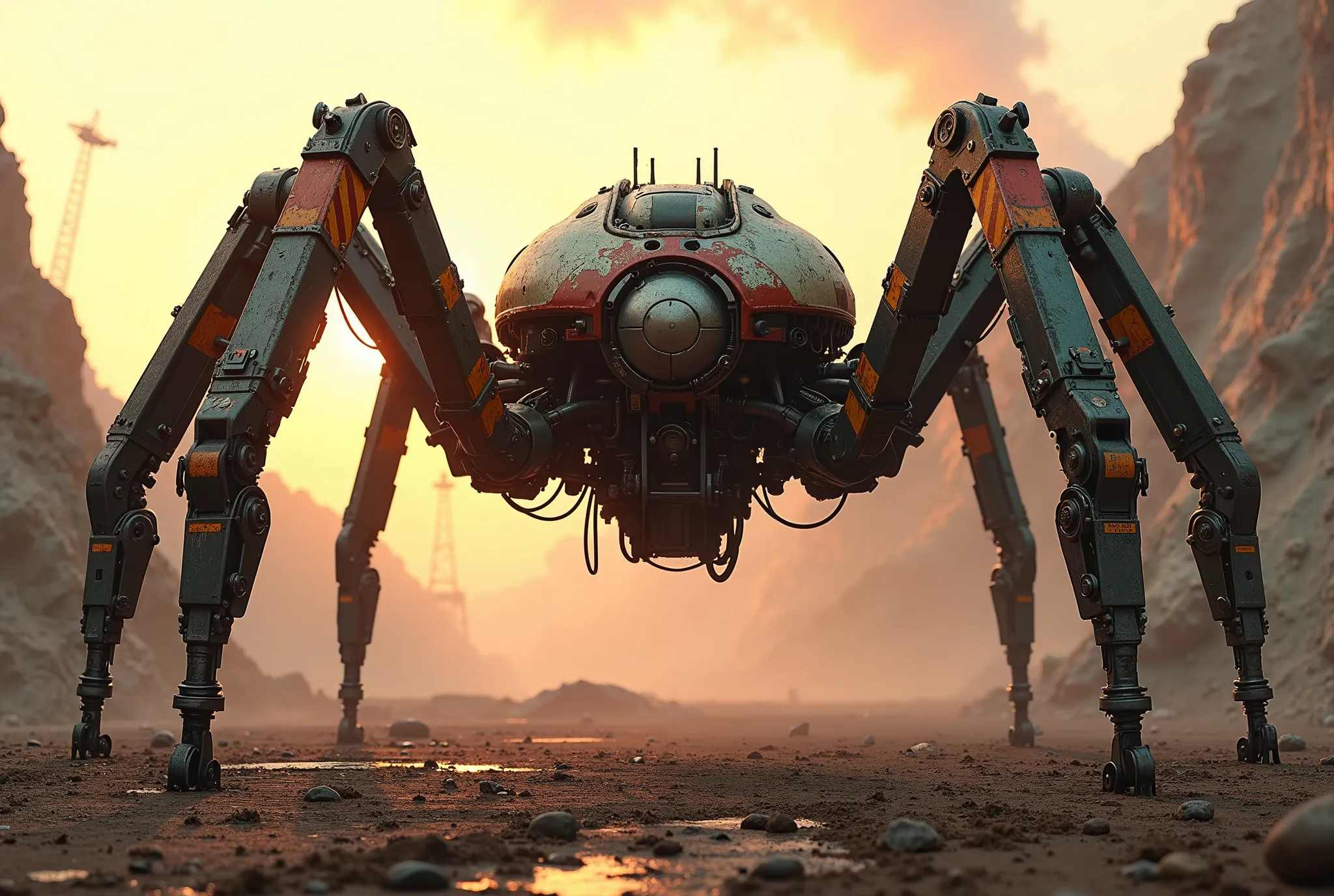 (In the style of ck-mgs, cksc, a_skynet_cyberdyne_craft) — ultra-detailed sci-fi cinematic scene, 8K digital painting, hyper-realistic.
Foreground: cracked soil, scattered metal debris, oil-stained rubble. Dust particles shimmer in low sunlight, creating l...