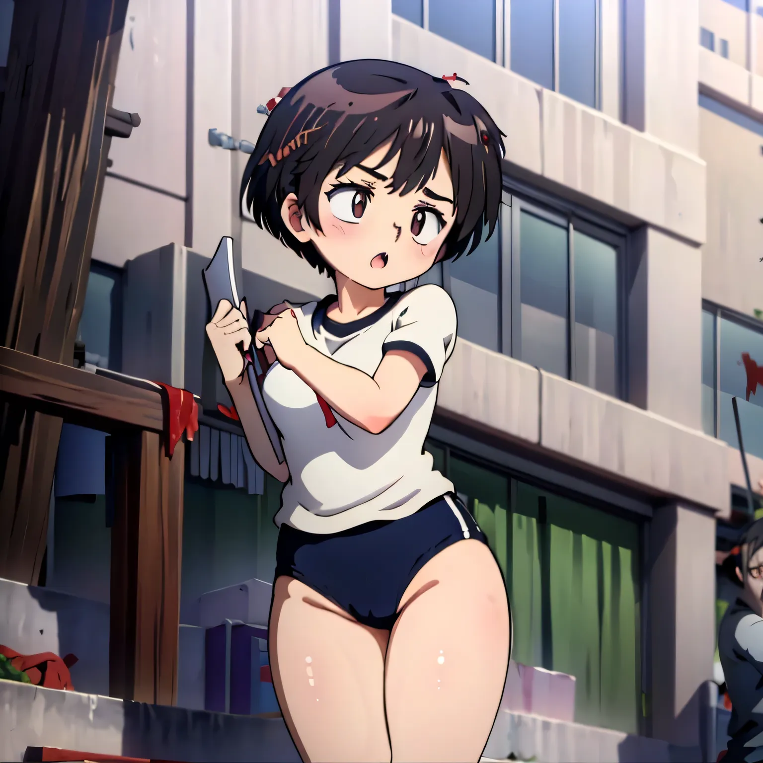 (masterpiece, highest quality), 
1girl wearing a black gymnastics bloomers,high leg,self wedgie, white blouse,Victorian blouse, multiple boys, zombie, scared, :o, motion blur, fighting stance, perspective, holding baseball bat, torn clothes, blood, horror ...