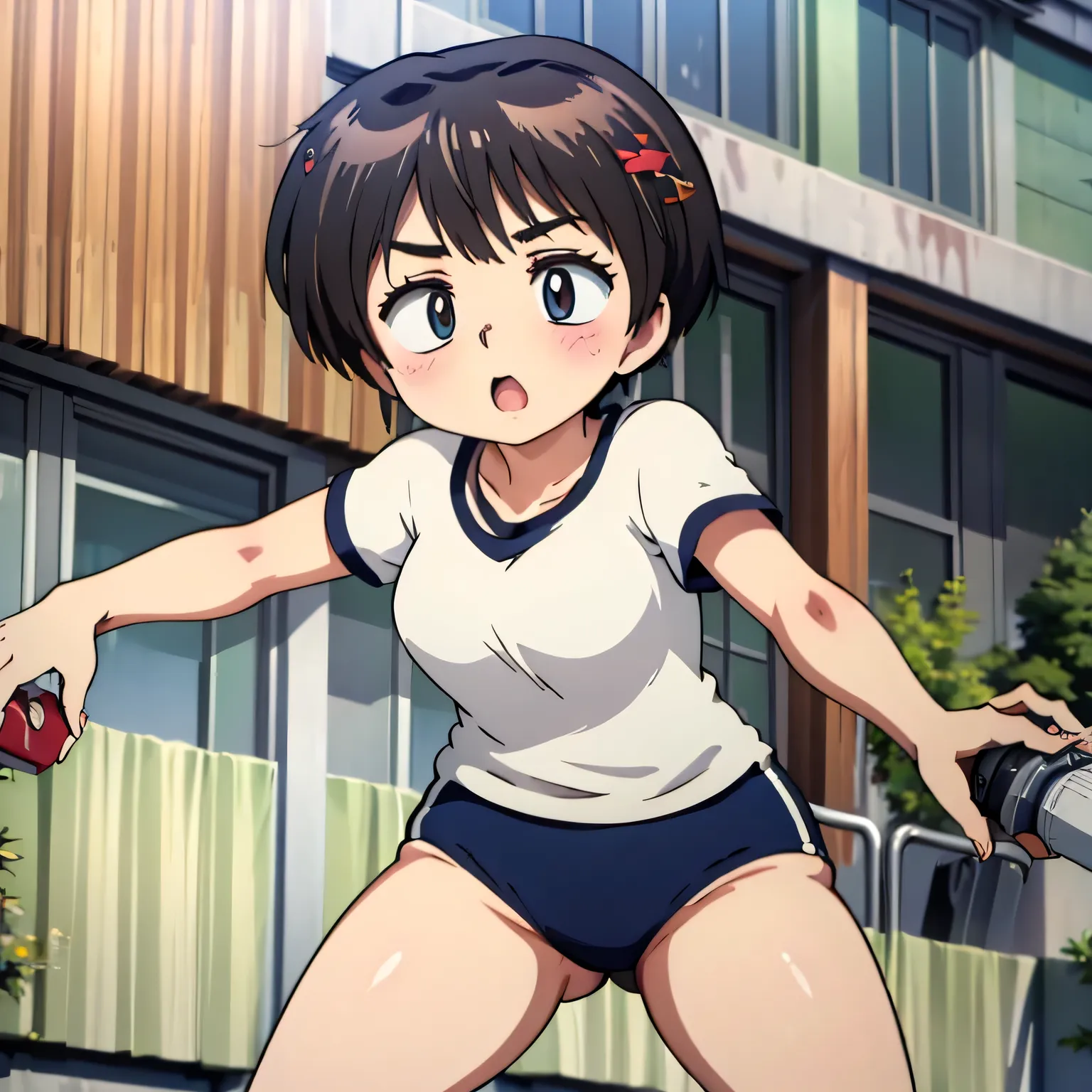 (masterpiece, highest quality), 
1girl wearing a black gymnastics bloomers,high leg,self wedgie, white blouse,Victorian blouse, multiple boys, zombie, scared, :o, motion blur, fighting stance, perspective, holding baseball bat, torn clothes, blood, horror ...