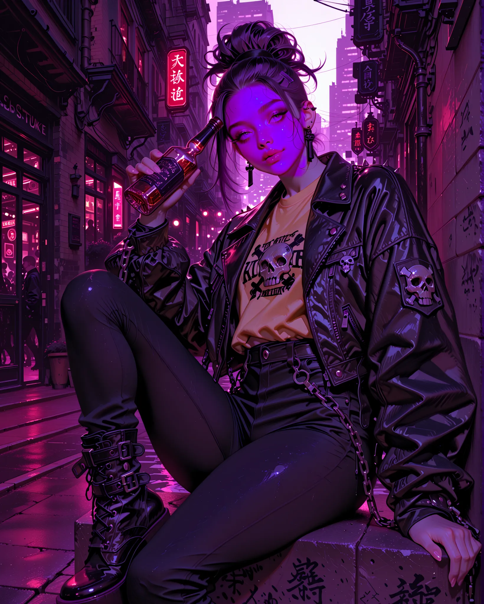A tall punk goth girl with pale skin and bold goth makeup. She has a purple mohawk hairstyle, wearing a black leather jacket with studs, chain accessories, and skull patches. Tight black jeans and chunky platform boots complete her outfit. Under the jacket...