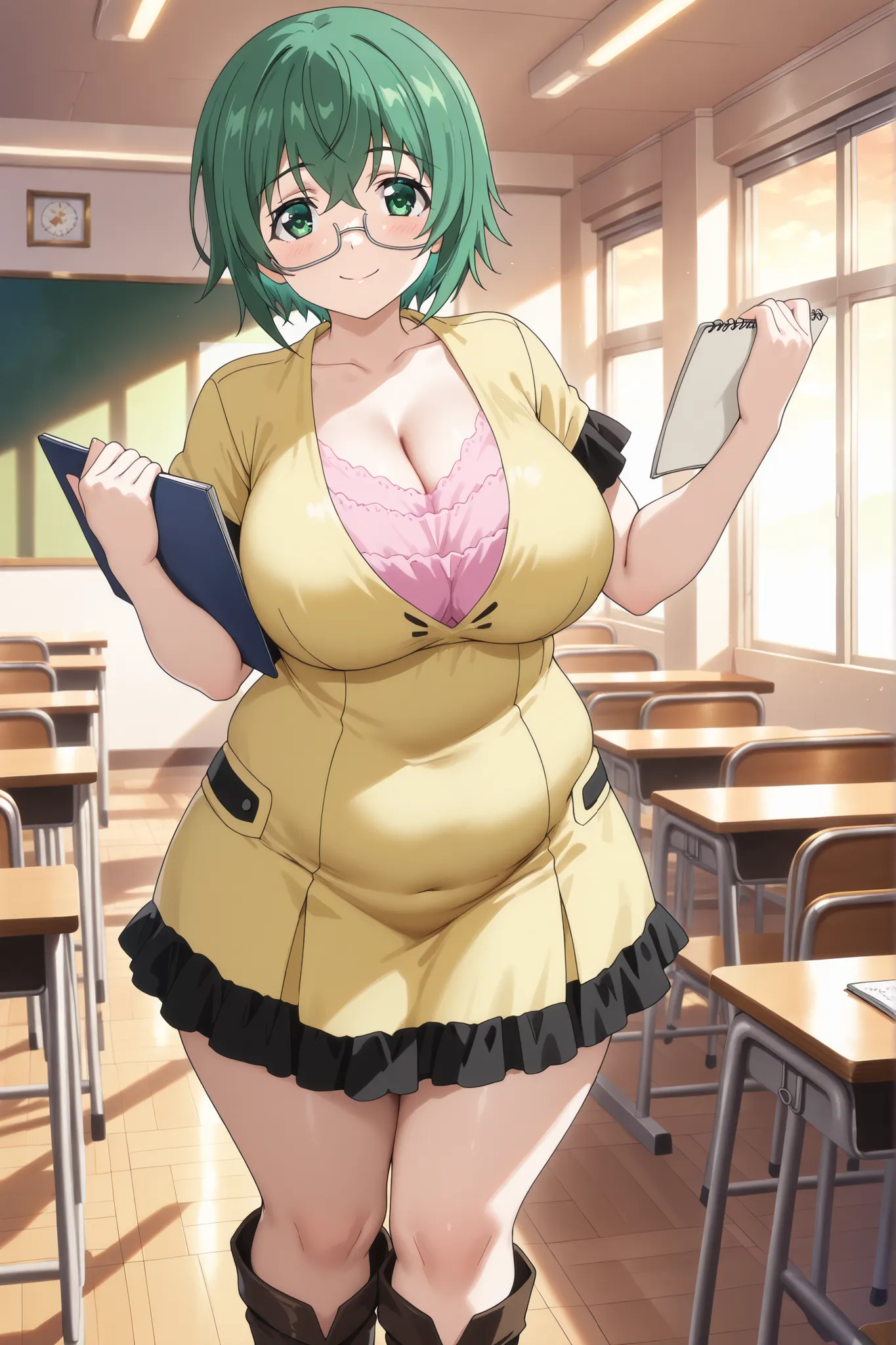 Watercolor painting,Perfect hand,masterpiece, best quality,very aesthetic,BREAK,(ism4ya, green hair, short hair, green eyes)(glasses, under-rim eyewear, yellow dress, cleavage, pink undershirt, short sleeves, black frills, brown boots, knee boots,)(large b...