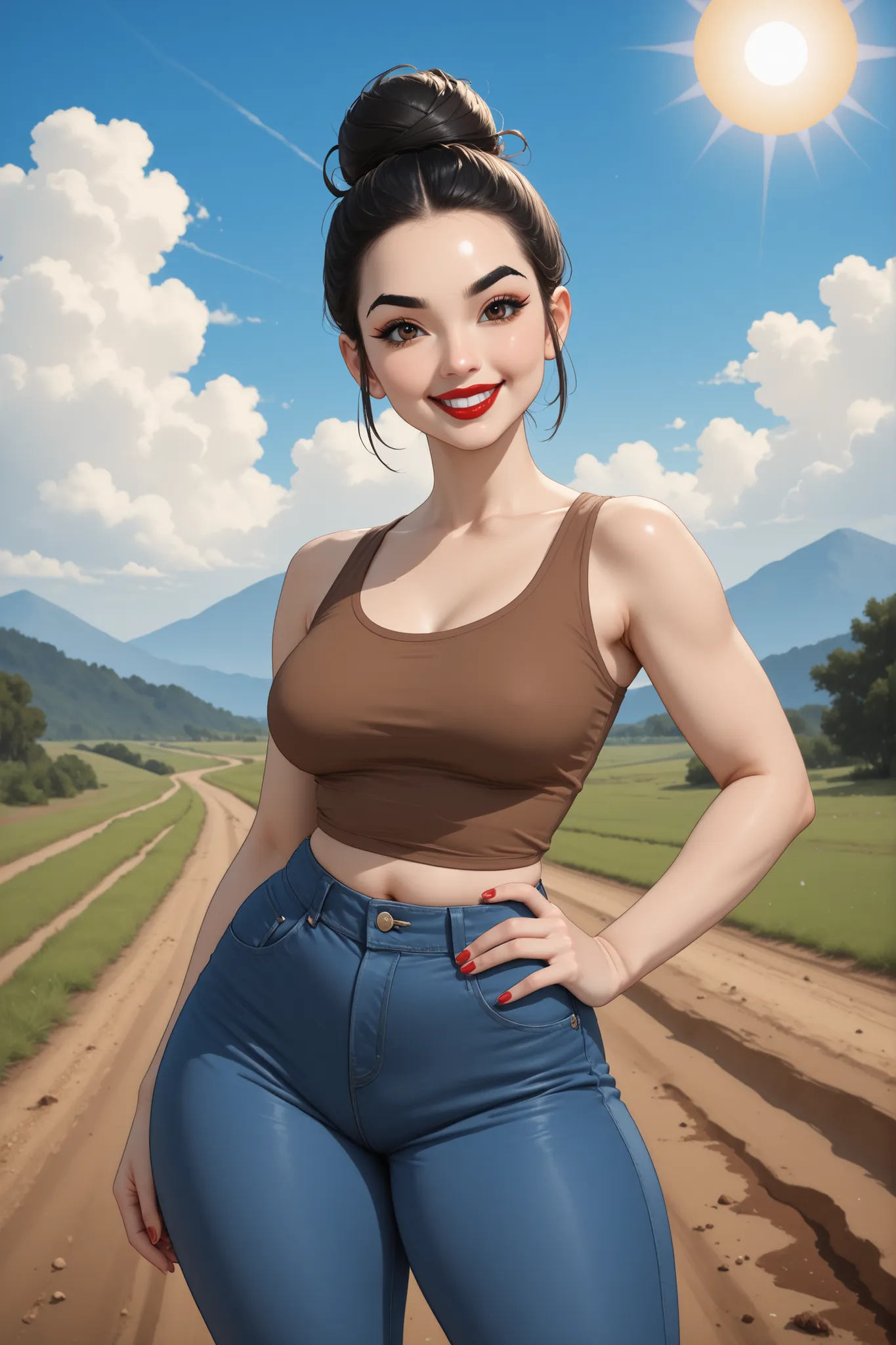 1girl, perfect body, black hair, hair bun kont top, forehead, black thin eyebrows, big brown eyes, black eyeliners, red thick lipstick, big smile, beautiful girl, medium breasts, brown tank top, blue jeans pants, thick thighs, hand on hip, (coconuts, dirt ...
