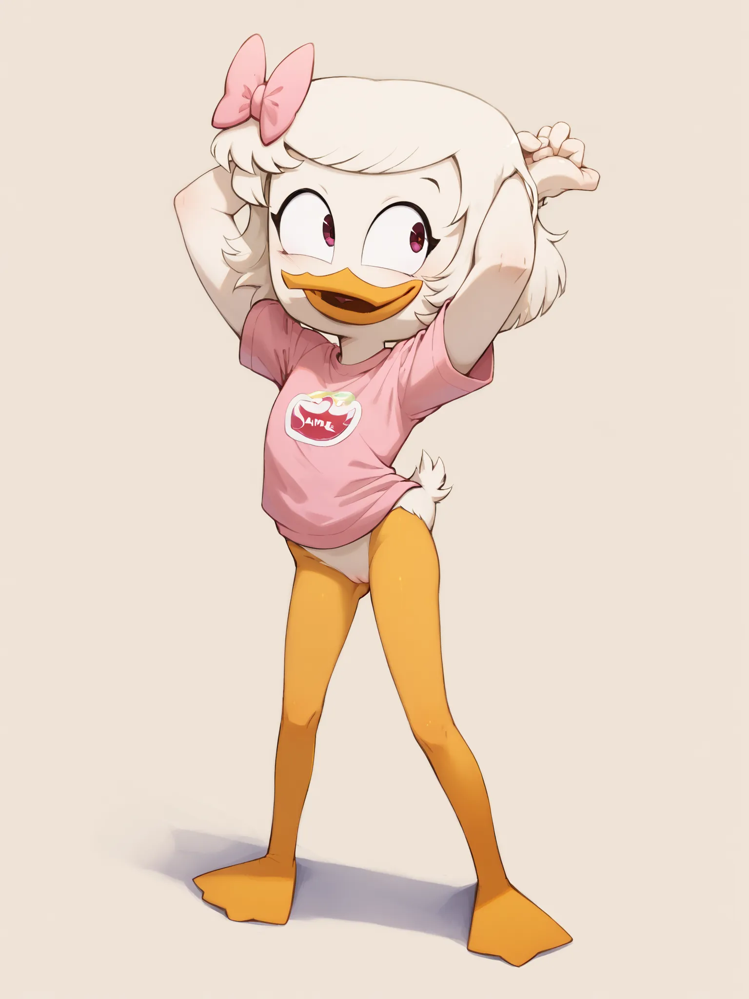 (Por sakura),(1girl),(Webby_Vanderquack), zooanthropomorphic duck, cabelo branco curto, olhos pretos, Yellow duck beak, white body covered in feathers, seios grandes, pose quase um twerk, sample of pussy, olhos pretos, olhos brilhantes, sorriso travesso, o...