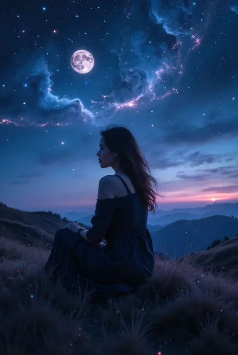 A silhouetted woman sitting on a hill in the rustic countryside at dusk. There is a large moon in the sky and the stars are just becoming visible. Intricate details, raw photography. 