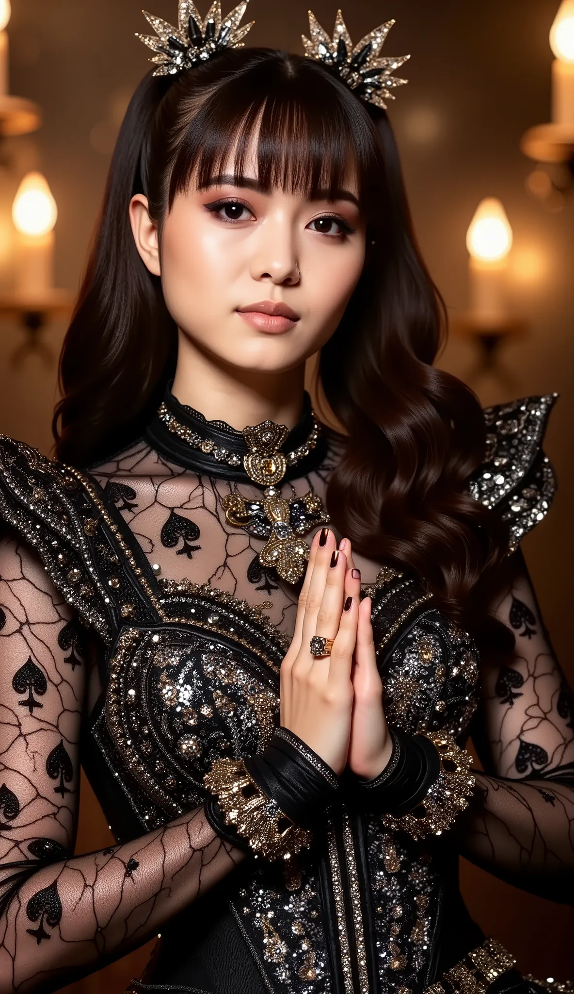 Ultra-high-resolution close-up (100mm macro lens, f/1.4) of a stunning bride (voluptuous hourglass figure) in a jaw-dropping Swarovski crystal-encrusted wedding gown, the delicate lace patterns subtly forming 'Ace of Spades' motifs across the bodice and sl...